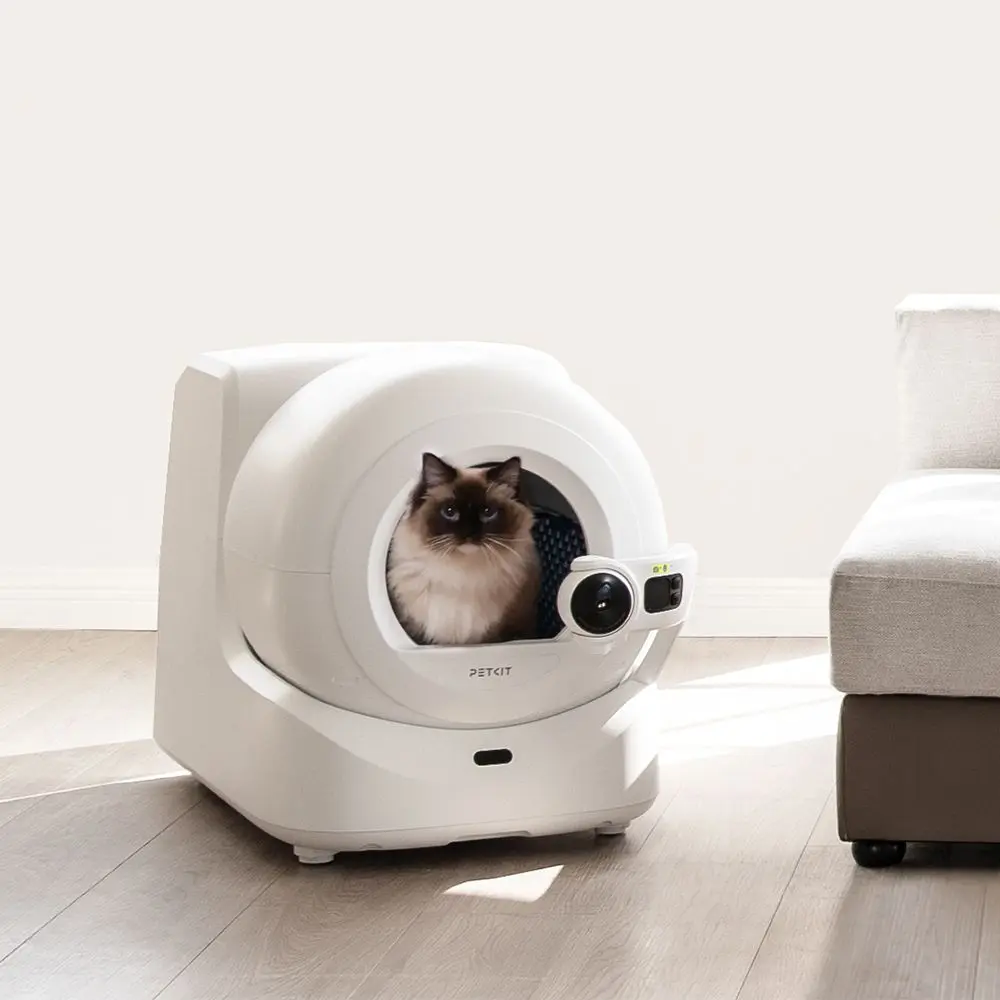 Un gatto all'interno di una lettiera automatica bianca. La scatola ha una forma arrotondata e una porta trasparente.