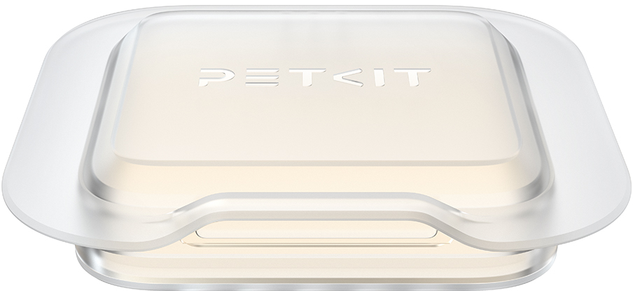 Coperchio bianco, quadrato e trasparente. Angoli arrotondati. Logo Petkit. Sfondo bianco.
