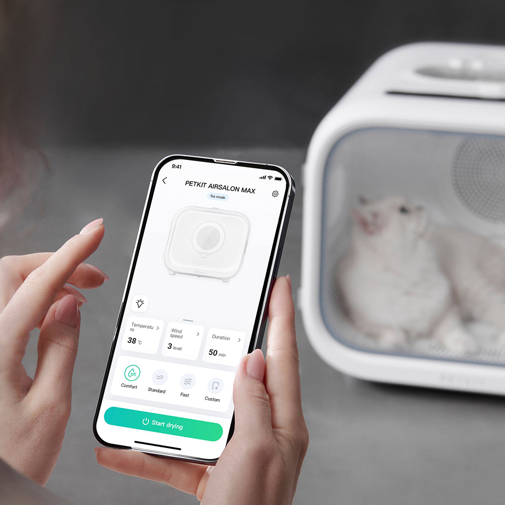 Le mani di una persona tengono un telefono che mostra un'app con un'asciugatrice per gatti e un gatto dentro.