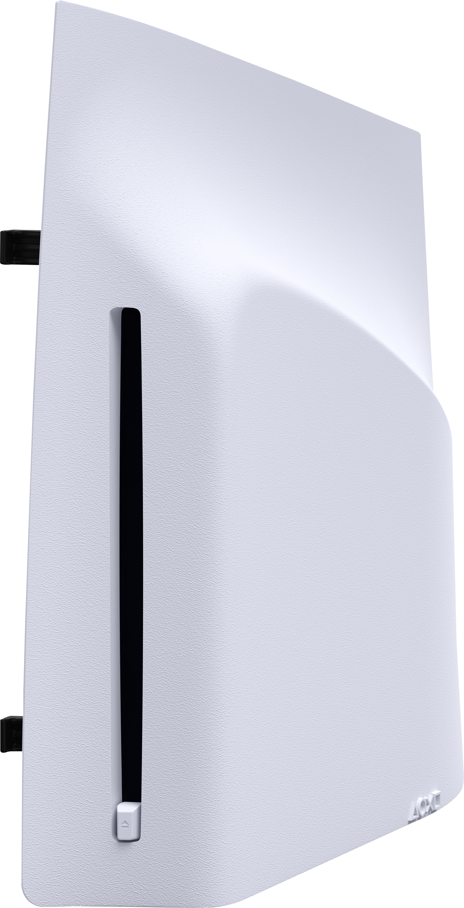 Weiße Spielkonsolen-Seitenverkleidung mit schwarzem vertikalem Schlitz.