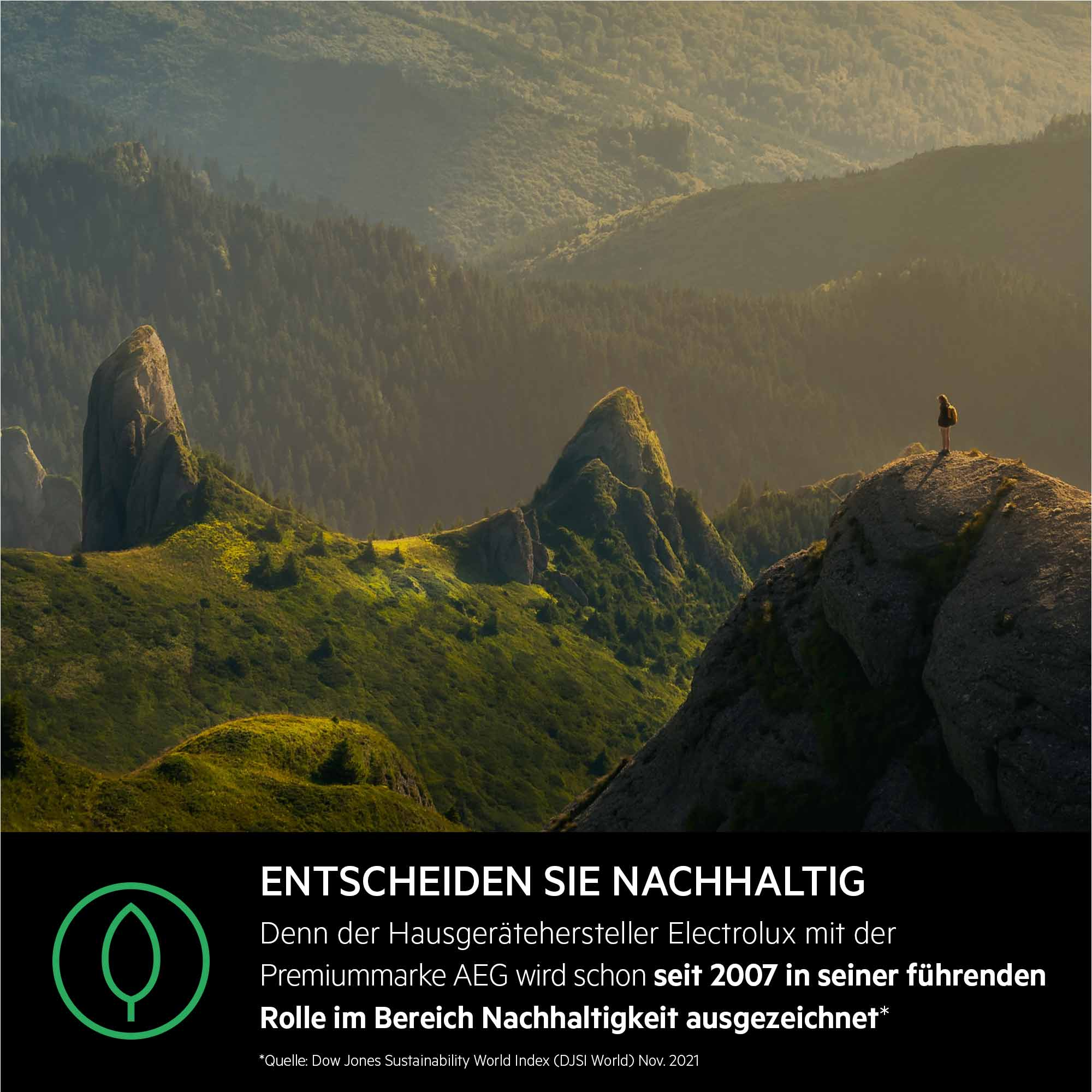 Landschaft mit Bergen und Text über Nachhaltigkeit.