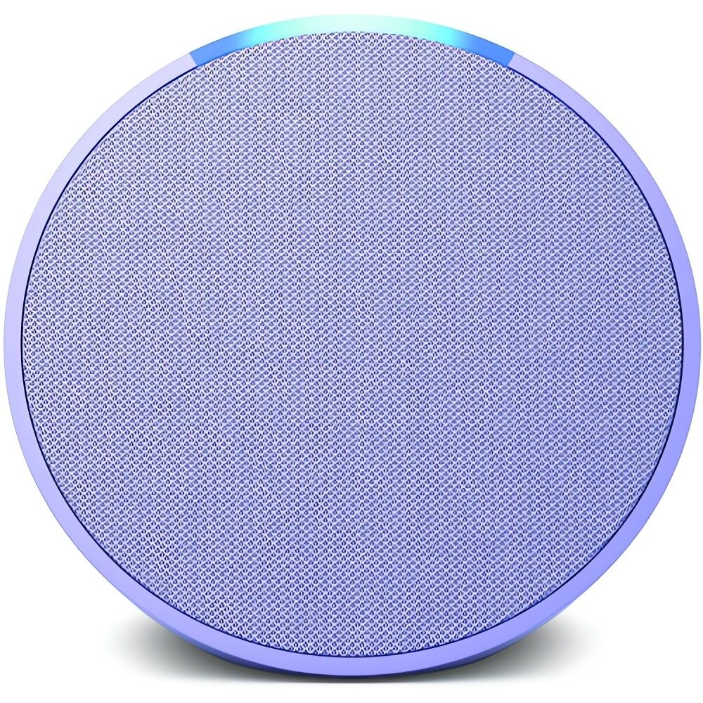 Lawendowy głośnik inteligentny z górną siatką i niebieskim pierścieniem świetlnym. Ma okrągły kształt.