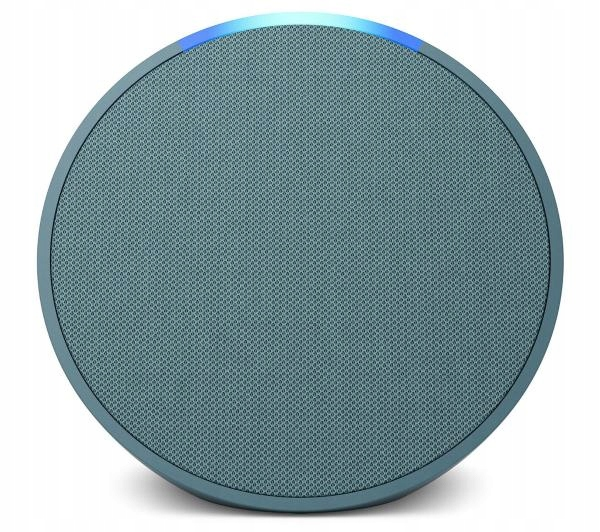 Turkusowy głośnik inteligentny z górną siatką i niebieskim pierścieniem świetlnym. Ma okrągły kształt.