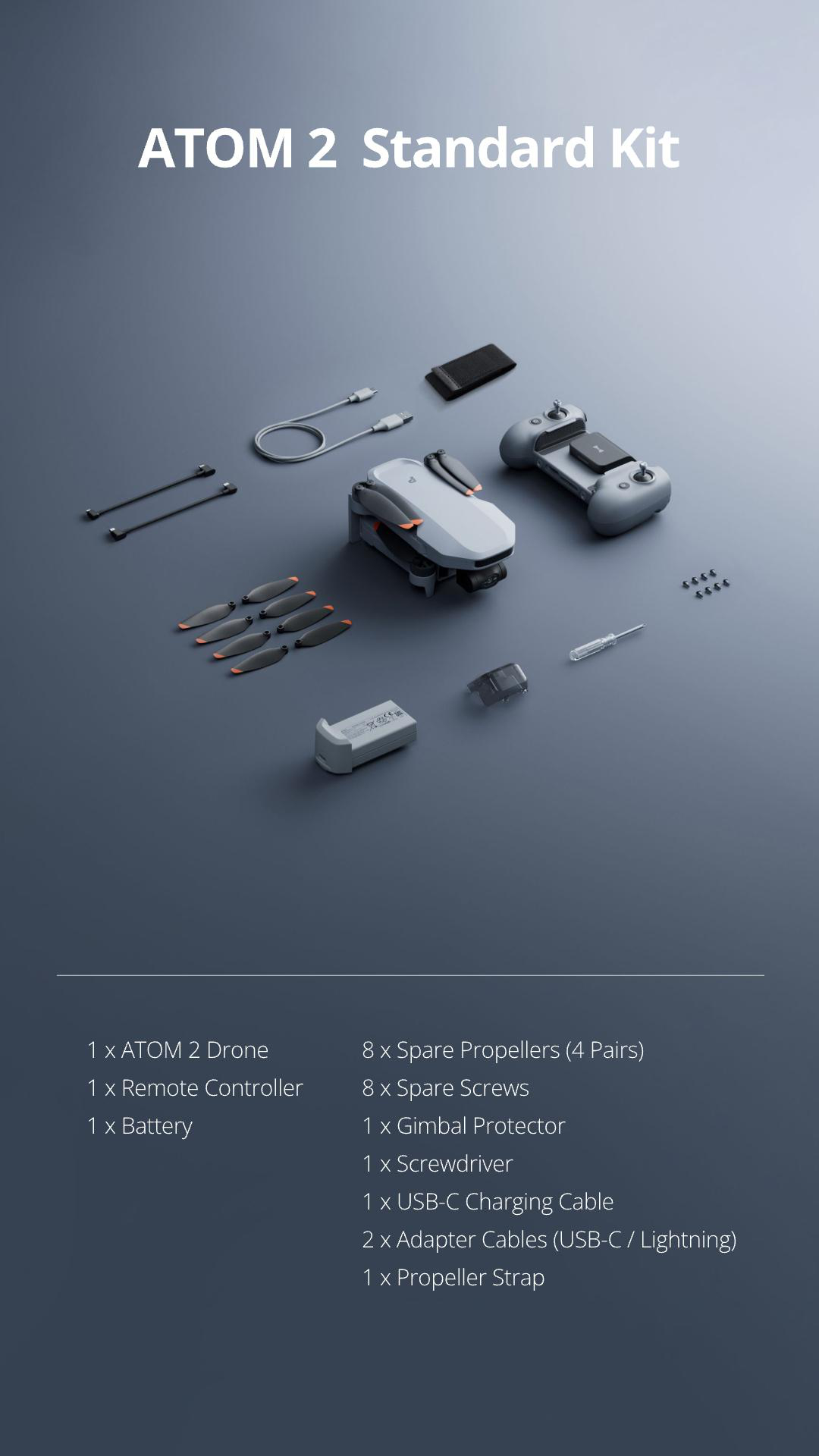 Ein Atom 2 Drohnen-Kit mit verschiedenen Komponenten: Fernbedienung, Controller, Ersatzpropeller, Schrauben, Ladegerät.