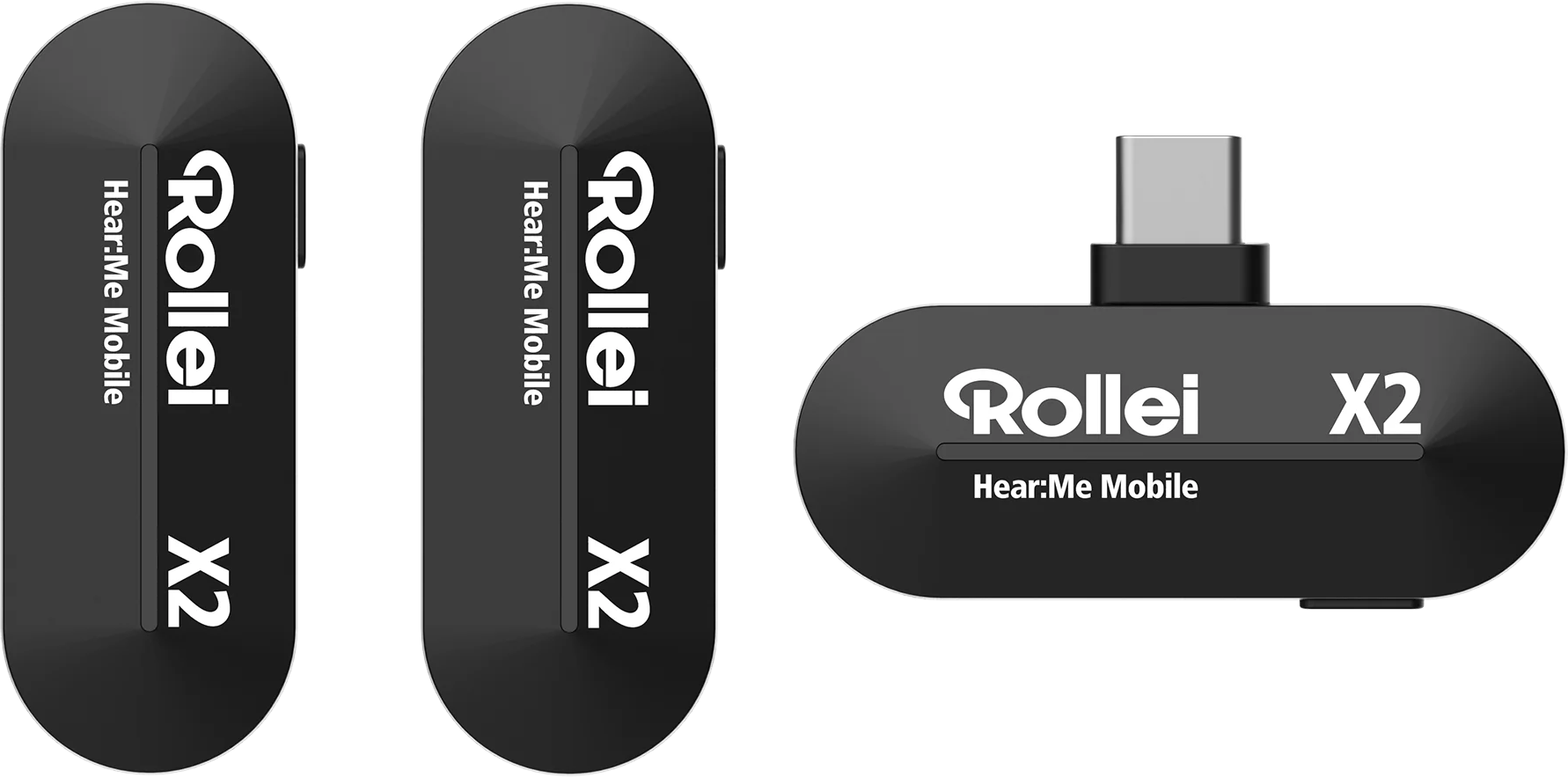 Deux appareils Rollei Hear:Me Mobile X2 noirs. Port USB-C sur l'appareil de droite.
