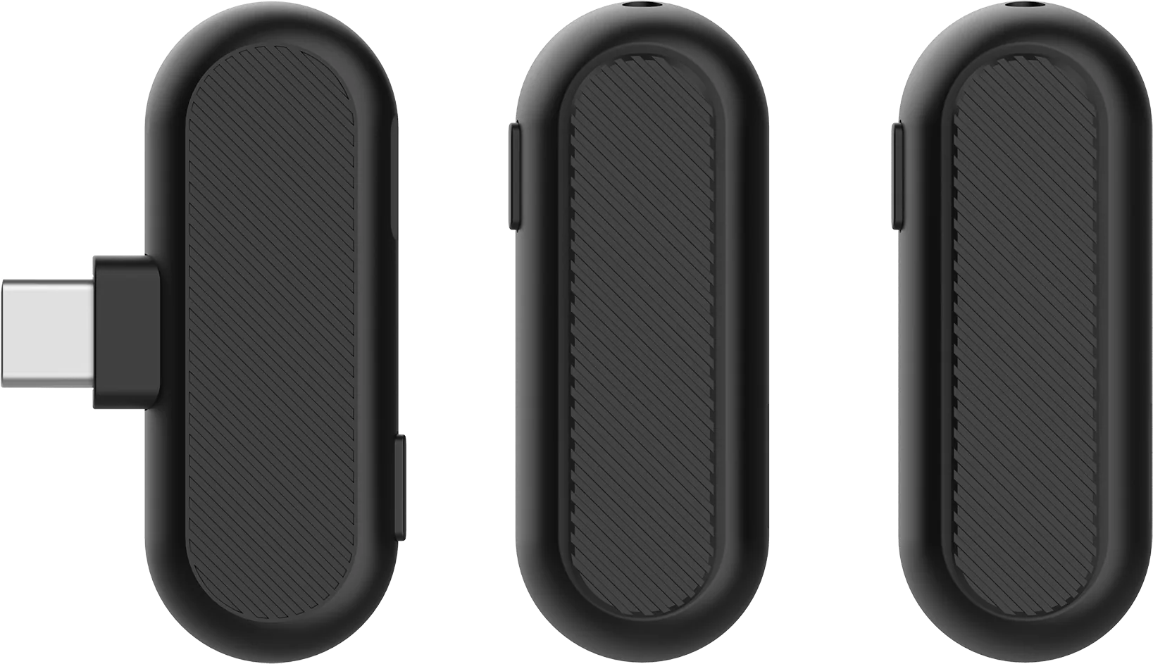 Trois adaptateurs USB-C noirs. Les adaptateurs sont de forme ovale avec des détails nervurés et un connecteur USB-C.