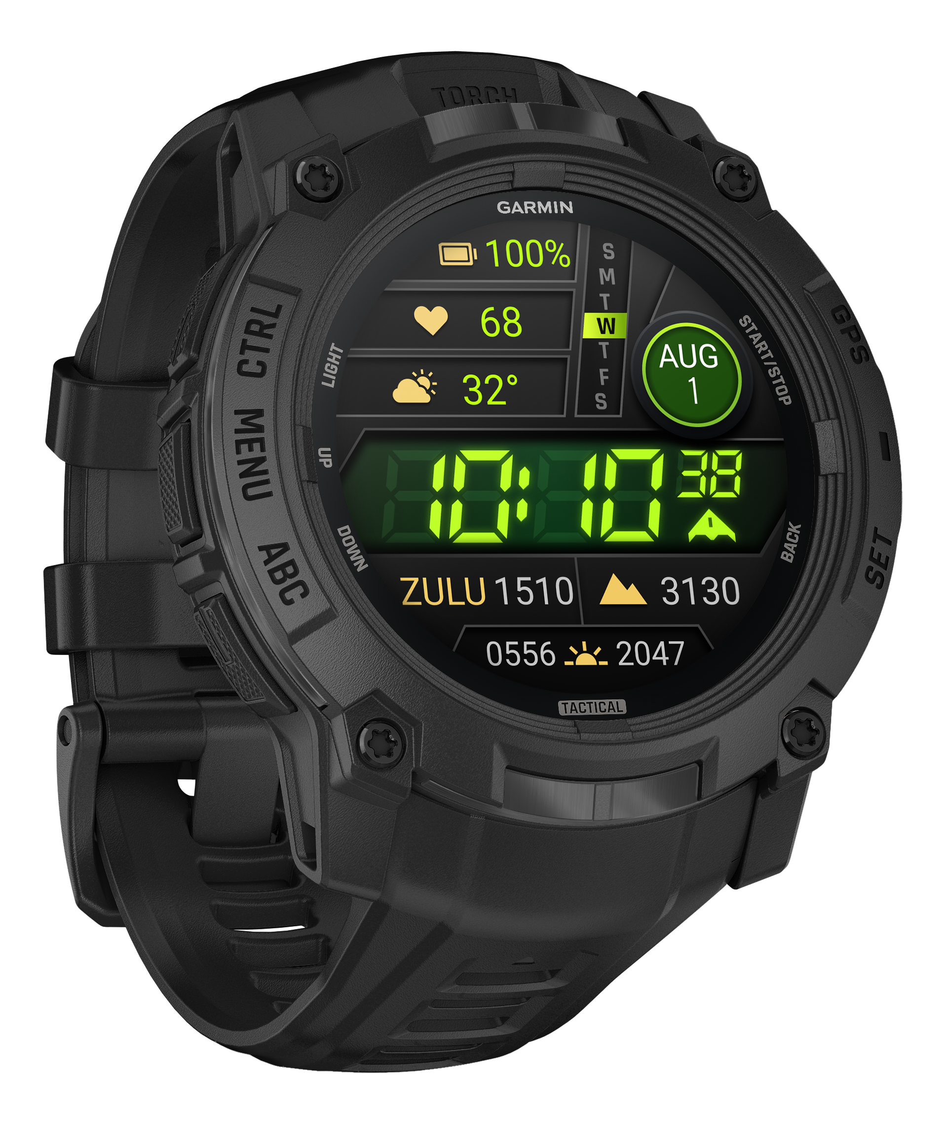 Orologio Garmin nero con display digitale, mostra ora, data, batteria e dati sanitari.