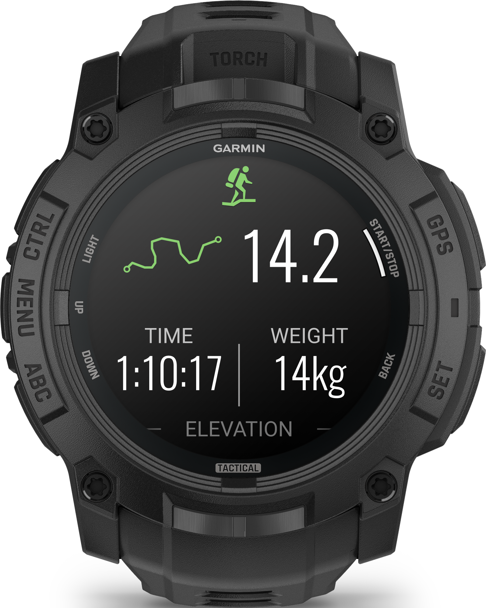 Orologio Garmin nero con schermo digitale, che mostra statistiche, tempo ed elevazione.