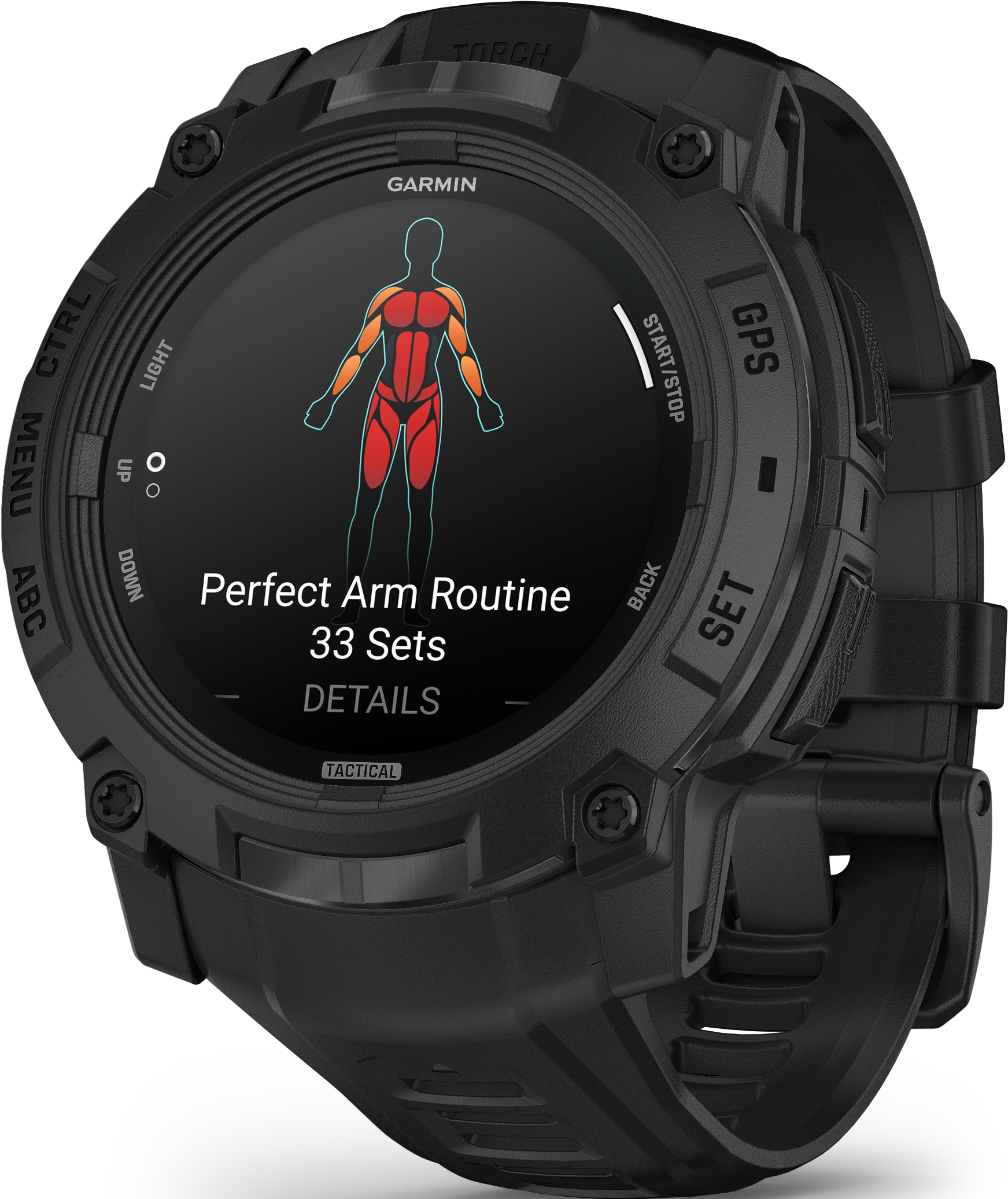 Orologio Garmin nero con schermo digitale che mostra i dettagli della routine di allenamento delle braccia.