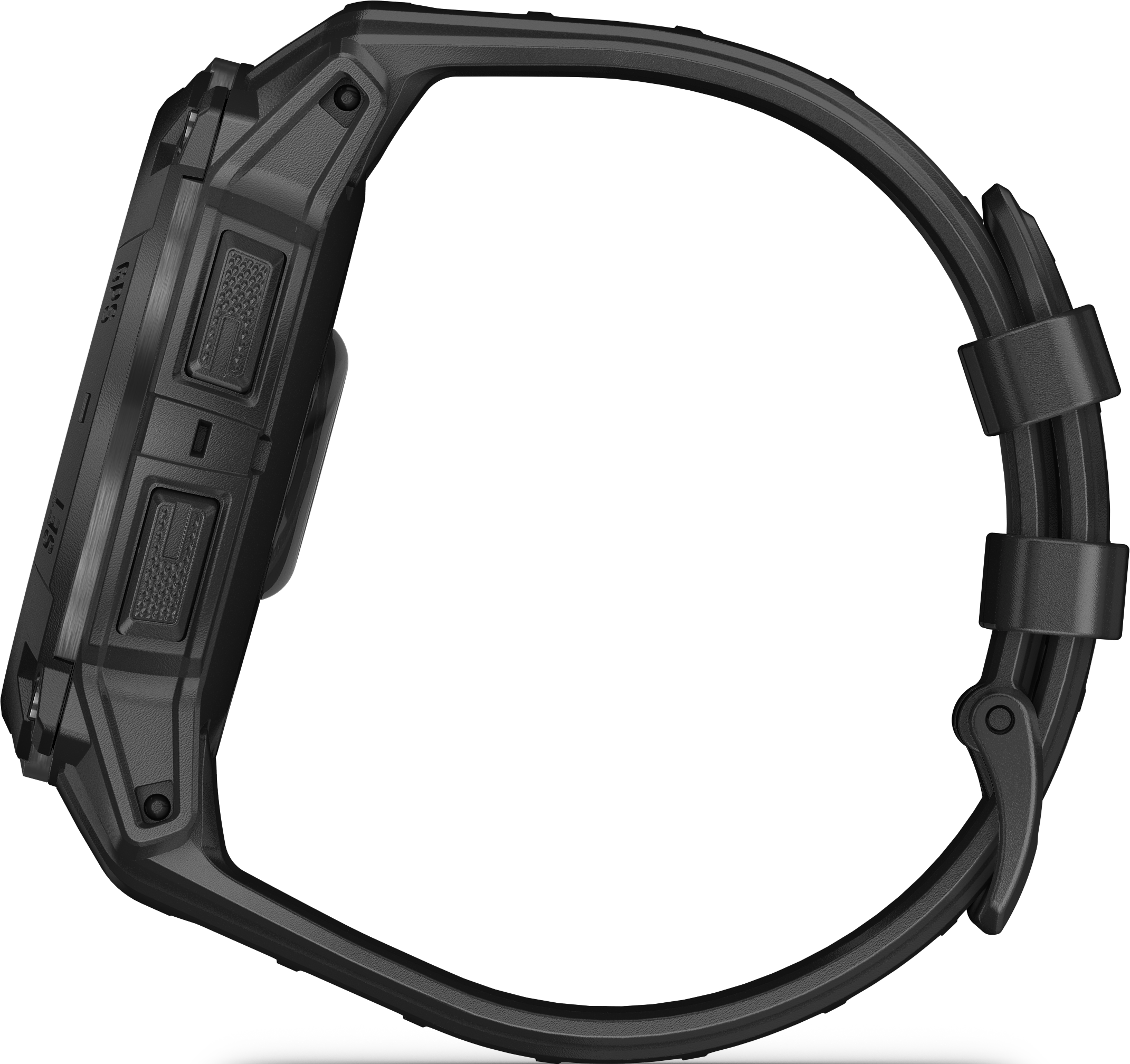 Smartwatch nera con cinturino nero, vista laterale. Include pulsanti e superficie strutturata.