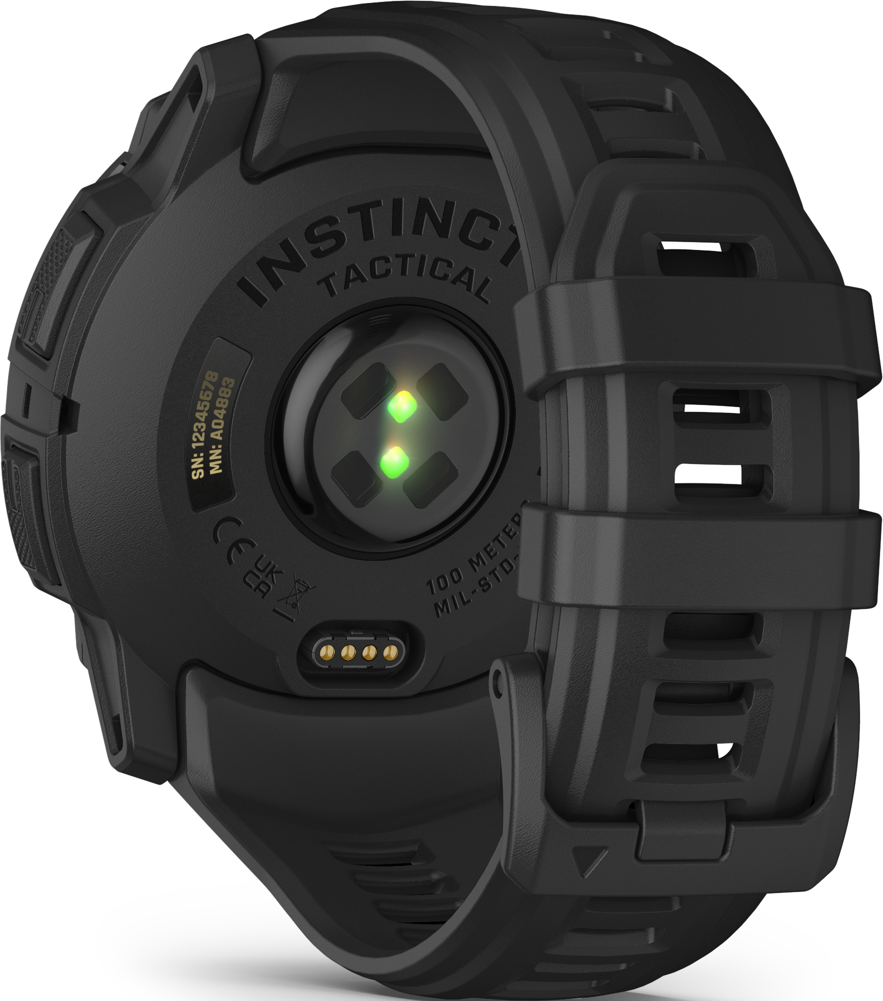 Orologio Garmin Instinct Tactical nero che mostra il retro con sensore di frequenza cardiaca e cinturino.