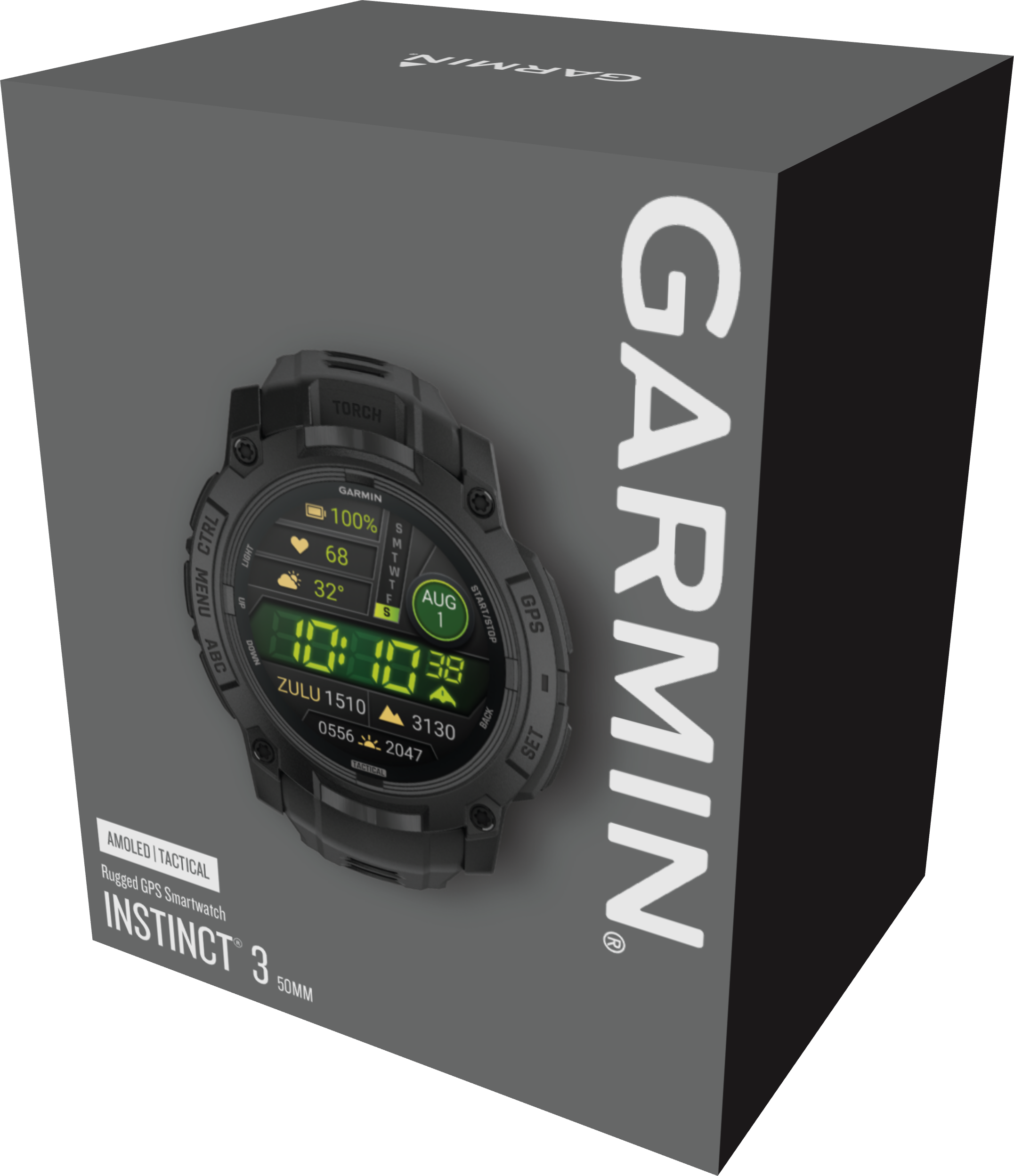 Smartwatch Garmin Instinct 3 nero in una scatola con un'immagine dell'orologio.