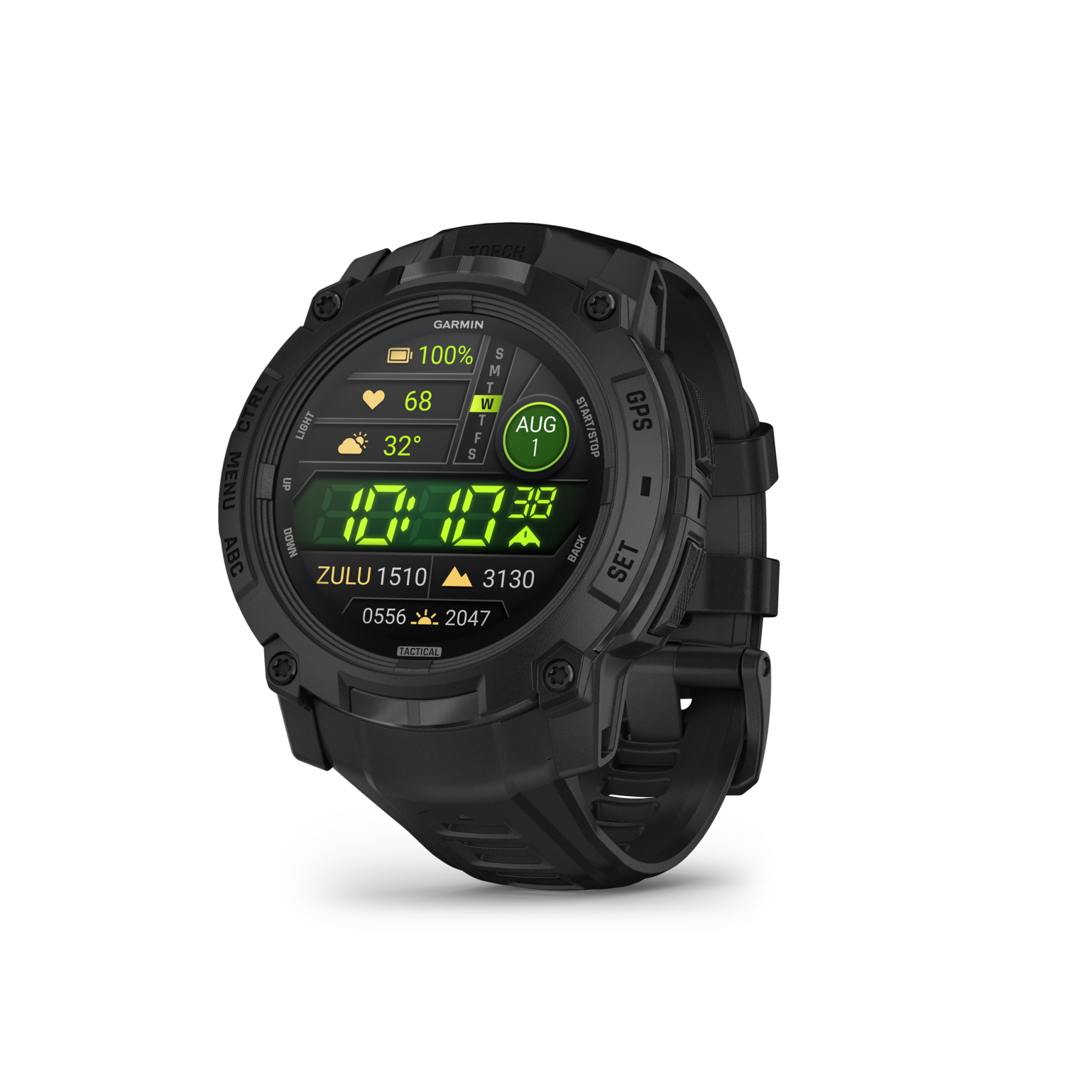 Black Garmin smartwatch, angled view, displaying time, date, and health metrics.