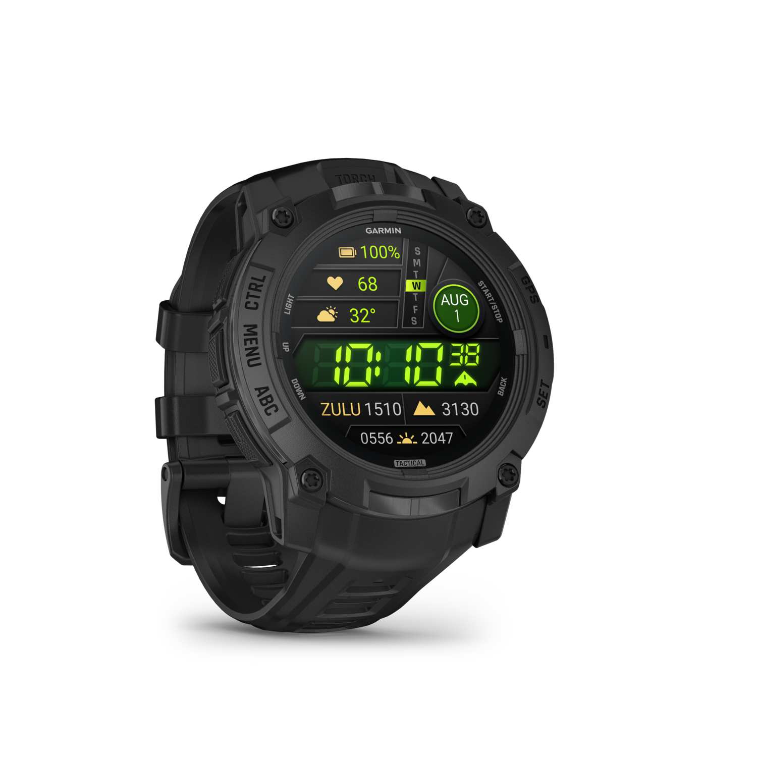 Black smartwatch displays time, date, and health stats on a black background.