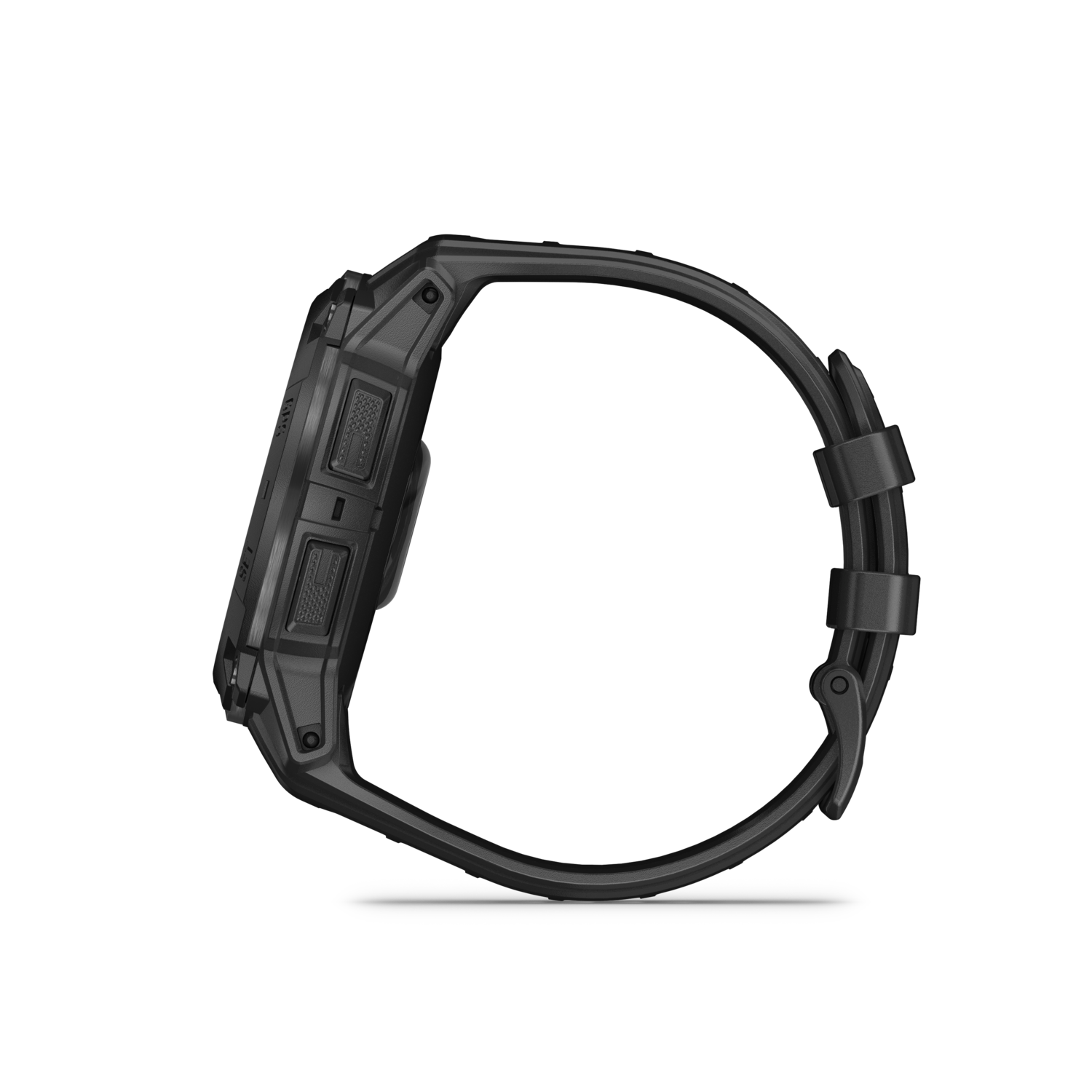 Side view of a black smartwatch. The watch has buttons and a strap. The strap is black.