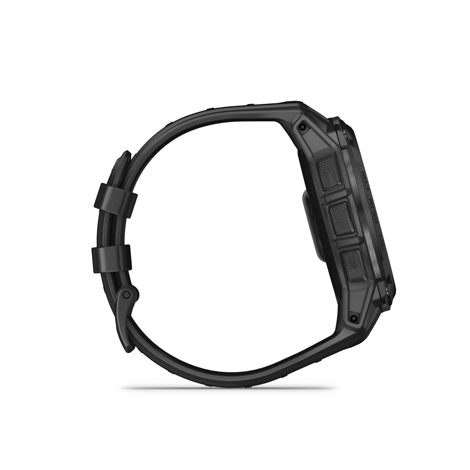 A black smartwatch, side view, on a black background.