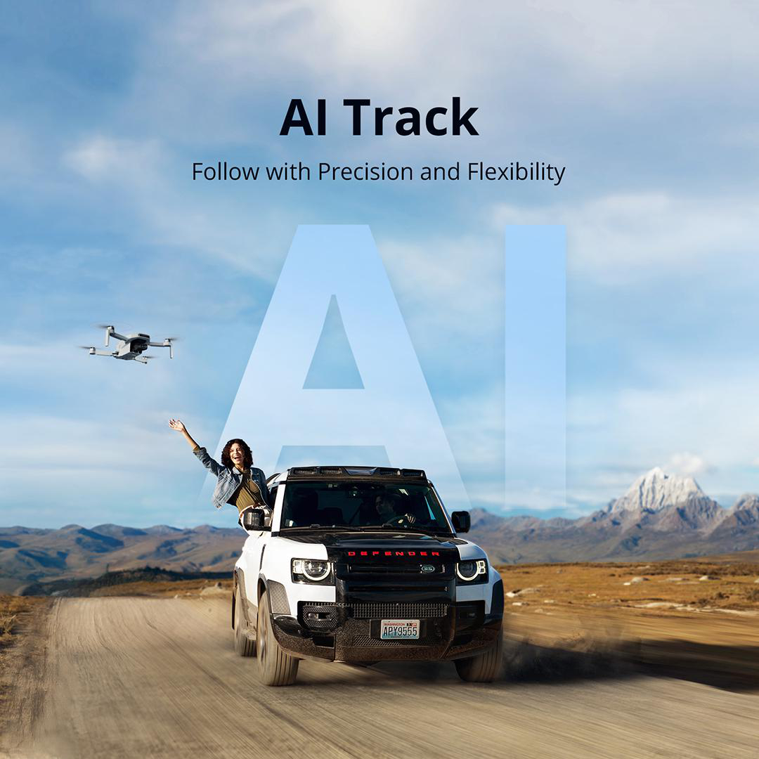 Ein weißer SUV und eine Drohne, mit Text: AI Track, Follow with Precision.