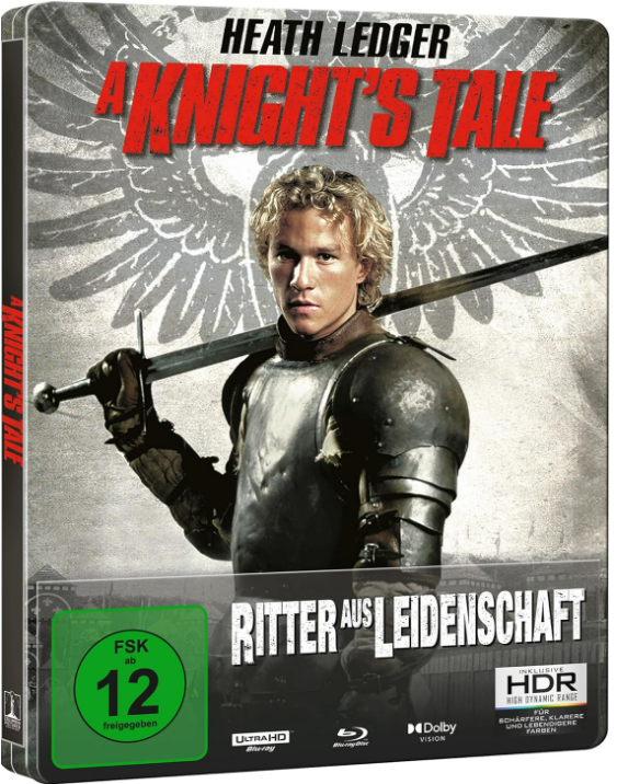 A Knight's Tale DVD-Hülle mit Heath Ledger, Schwert und Rüstung, mit deutschem Text.