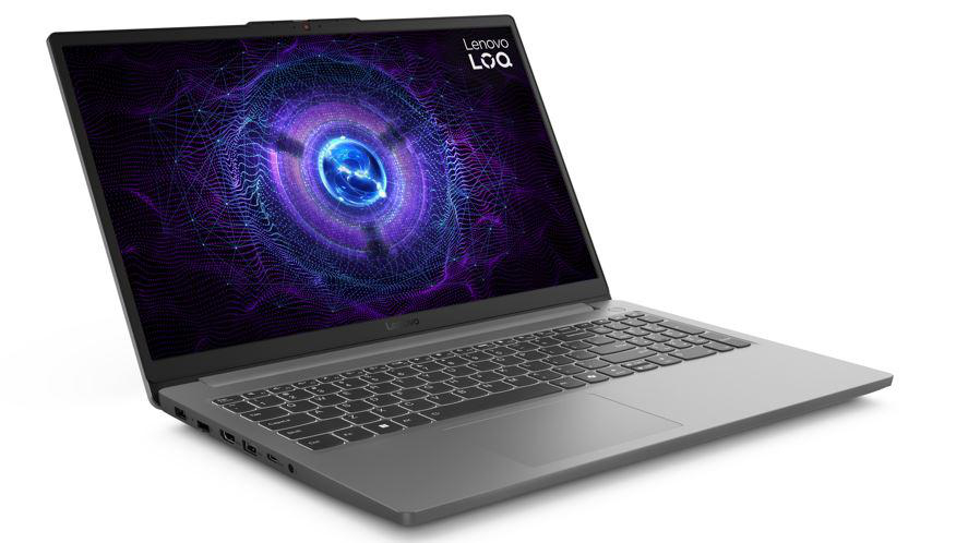 Grauer Laptop-Computer mit einem Bildschirm, der ein lila-blaues abstraktes Design und das Lenovo-Logo zeigt.