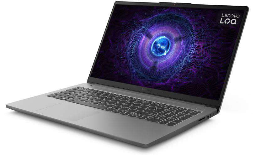 Laptop mit Lenovo-Logo oben. Der Bildschirm zeigt digitale Kunst mit Blau und Lila.