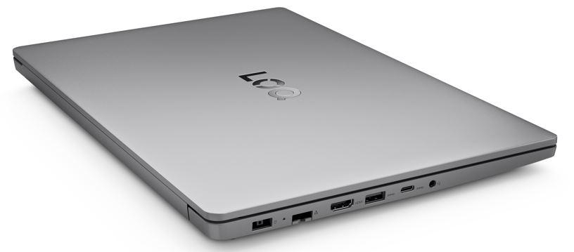 Silberner Laptop auf weißer Oberfläche mit Logo oben.