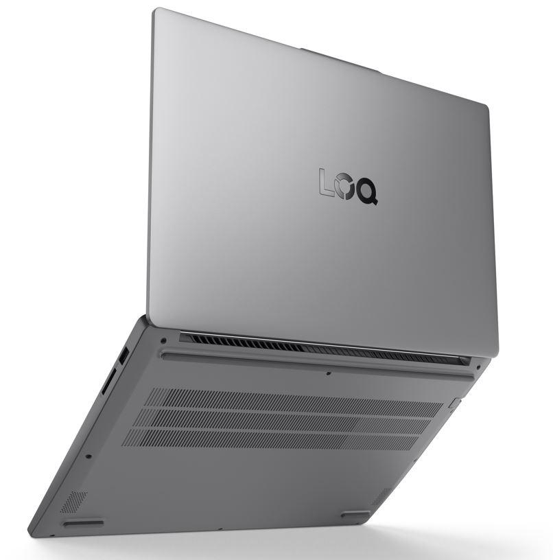 Silberner Laptop, Rückansicht, mit LQ-Logo auf dem Deckel, in einem Winkel geöffnet.