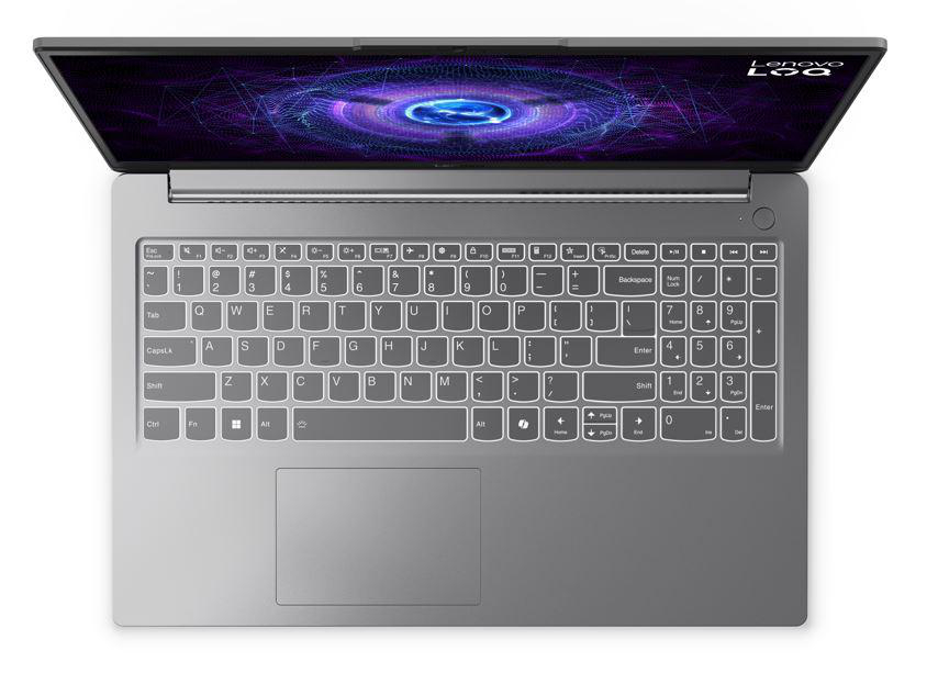 Draufsicht auf einen silbernen Laptop, geöffnet, mit Tastatur und einem blauen Design auf dem Bildschirm.