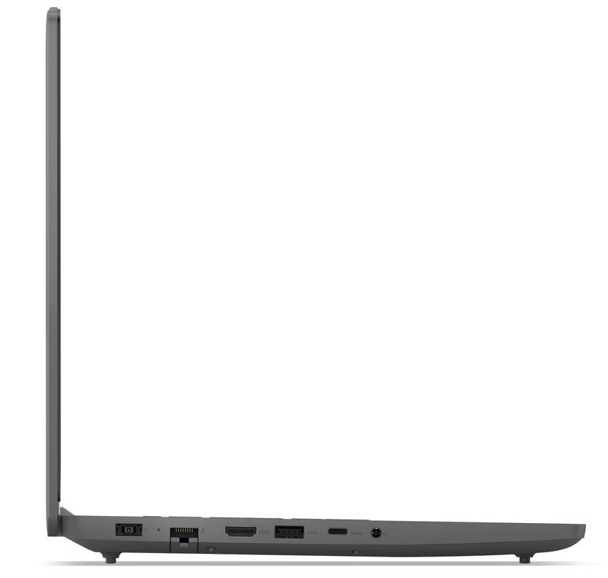 Seitenansicht eines dunkelgrauen Laptops.