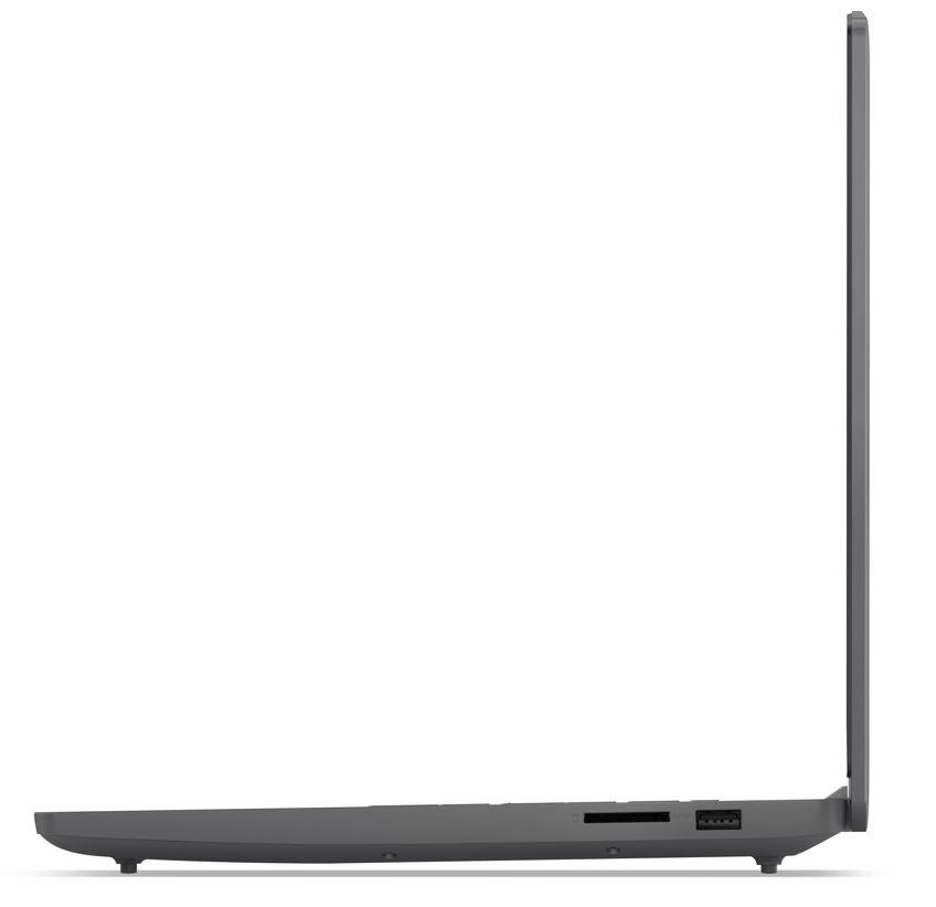 Seitenansicht eines grauen Laptops. Er hat einen Anschluss und ein schlankes Design.