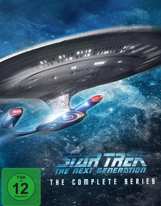 Star Trek: The Next Generation Box-Set. Es zeigt ein Raumschiff im Weltraum und ein Bewertungsschild.