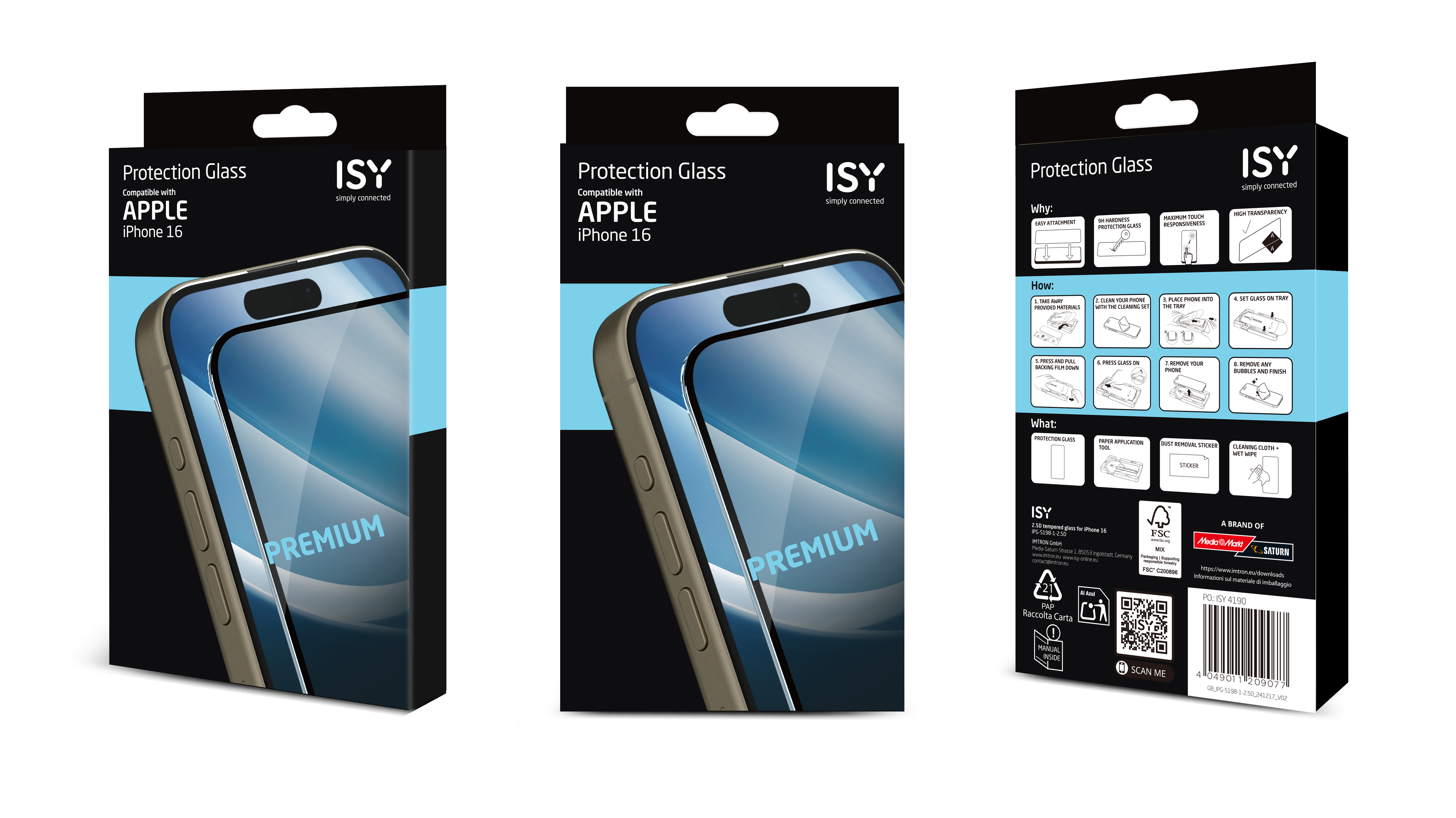 Eine Verpackung für einen Displayschutz für Telefone. Sie hat den Markennamen ISY und ist mit Apple iPhone 16 kompatibel.