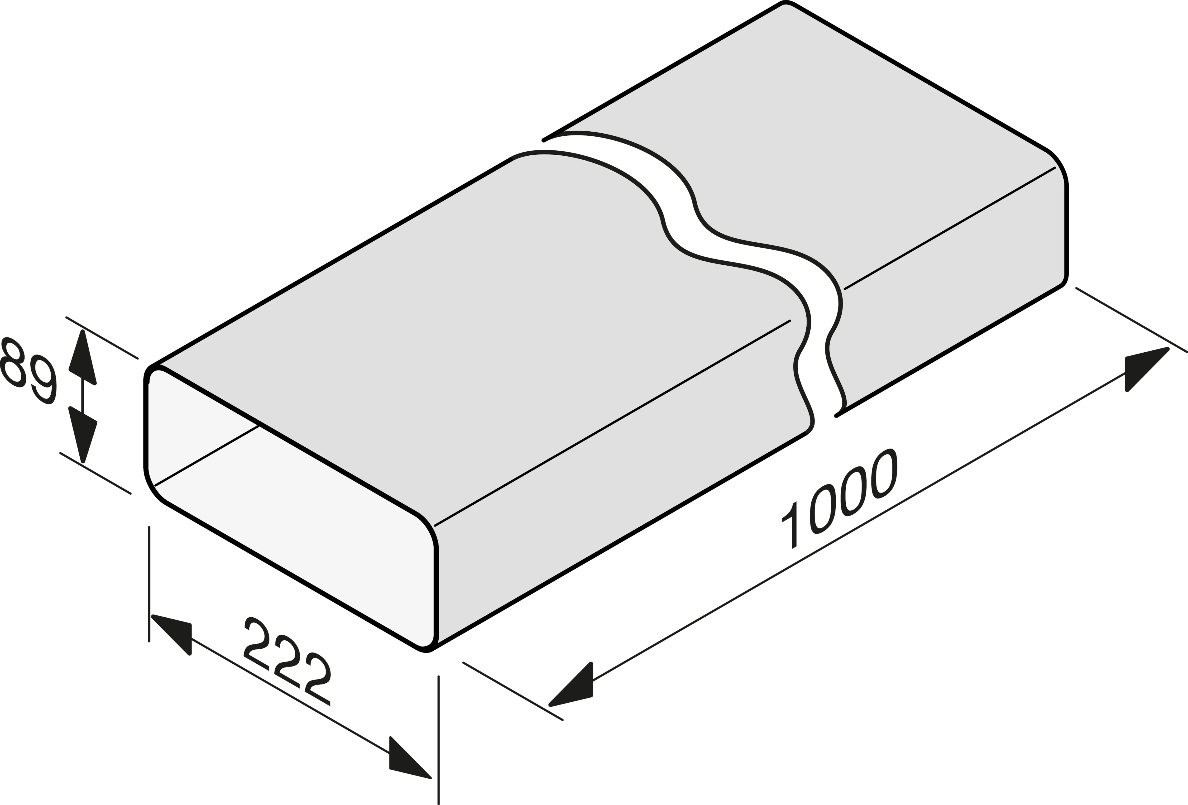 Téglalap alakú csatorna 222x89x1000mm méretekkel. Szürke, lekerekített sarkokkal.