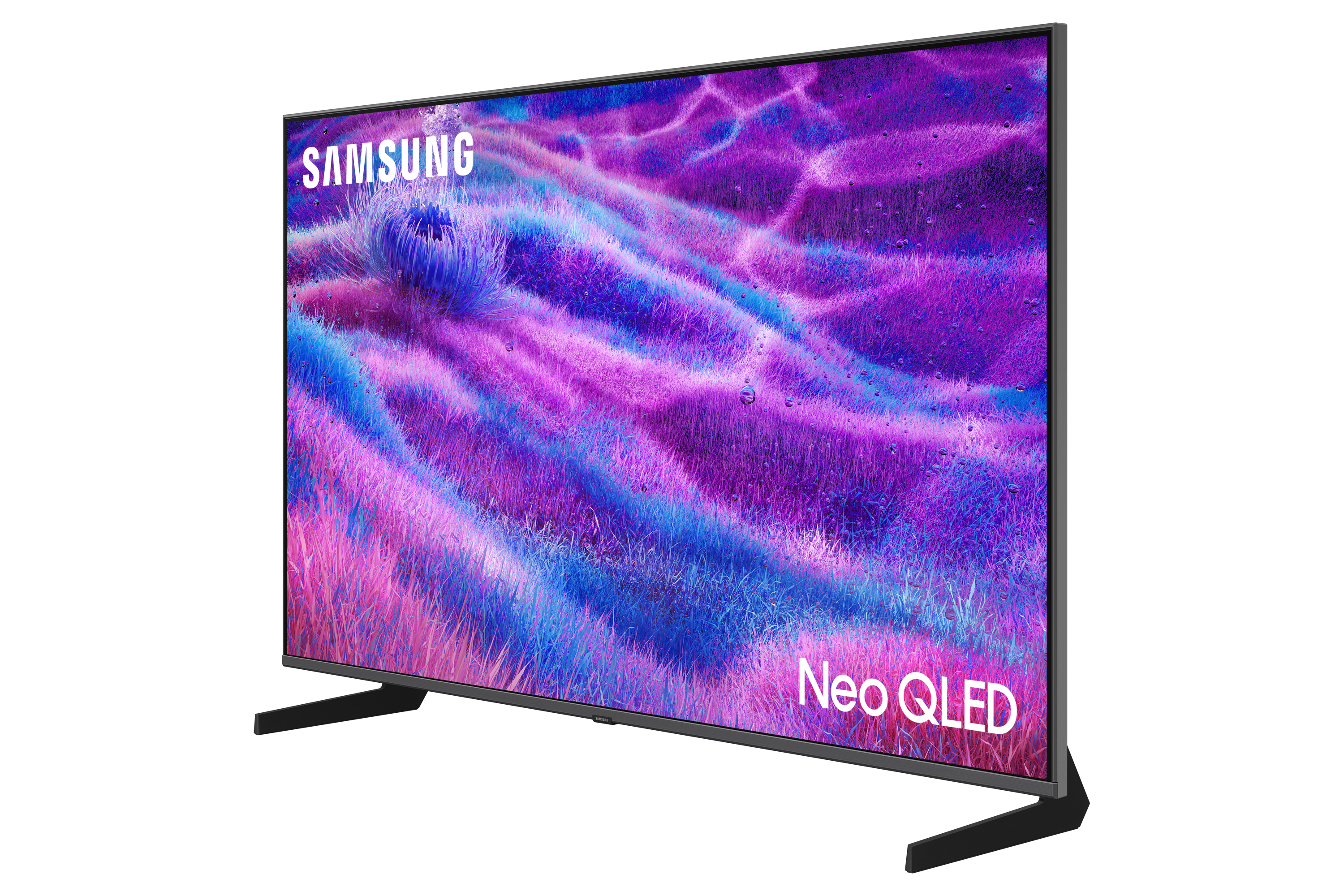 Großer Samsung TV, schwarzer Rahmen, zeigt ein farbenfrohes, abstraktes Bild, mit Neo QLED unten.