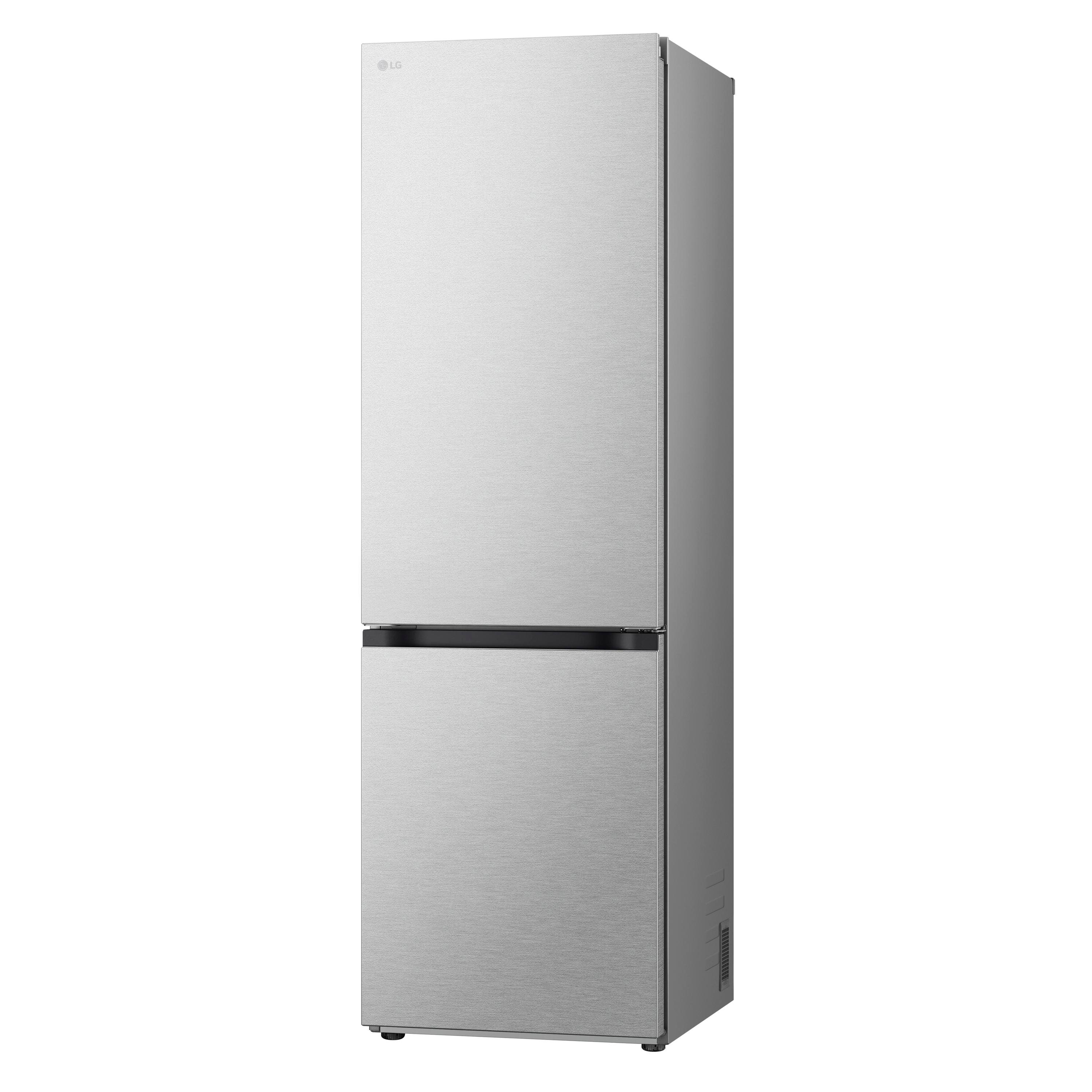 Silberner LG-Kühlschrank, zweitürig, mit LG-Logo oben.