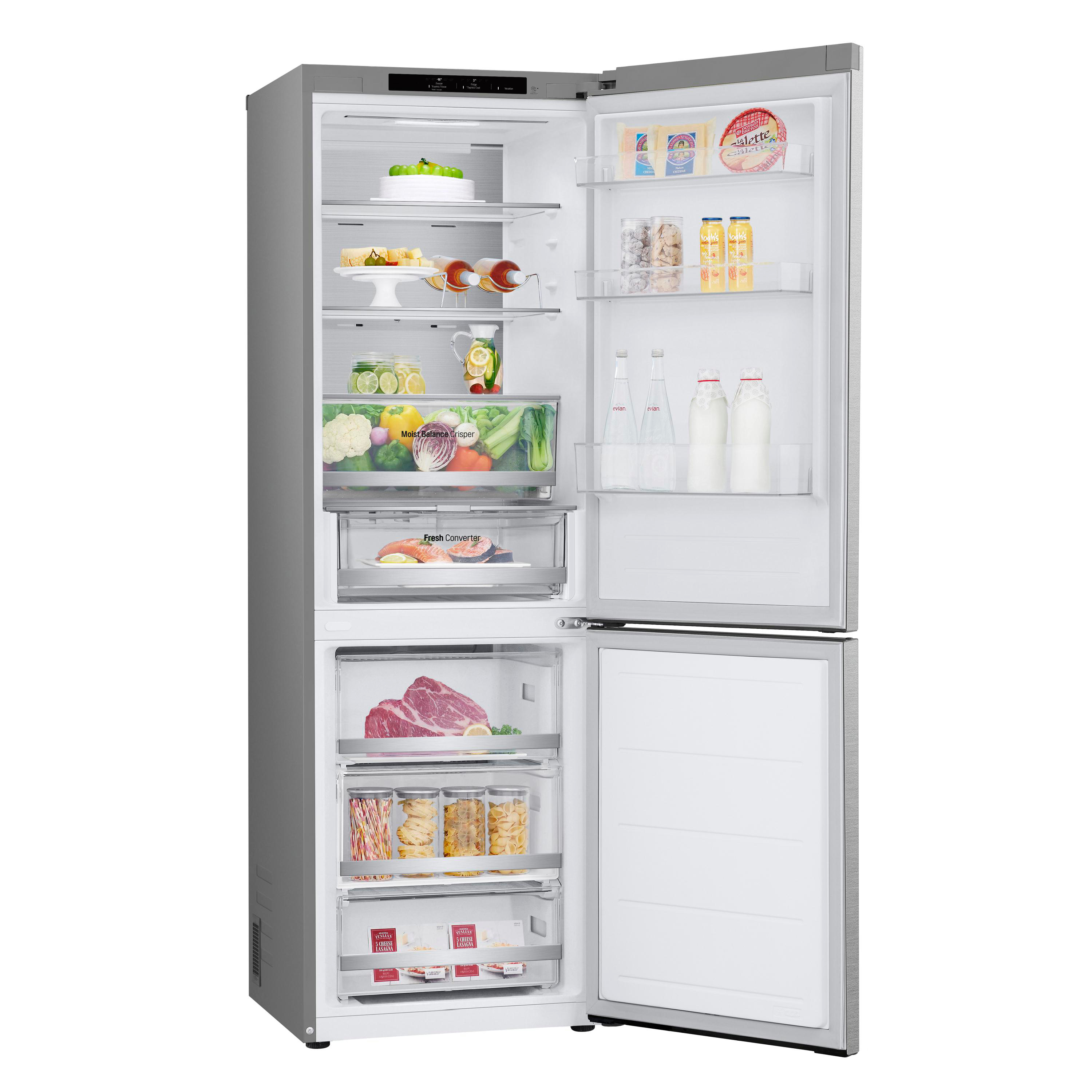Geöffneter Kühlschrank, Inhalt: Obst, Gemüse, Getränke und Tiefkühlkost in Schubladen.