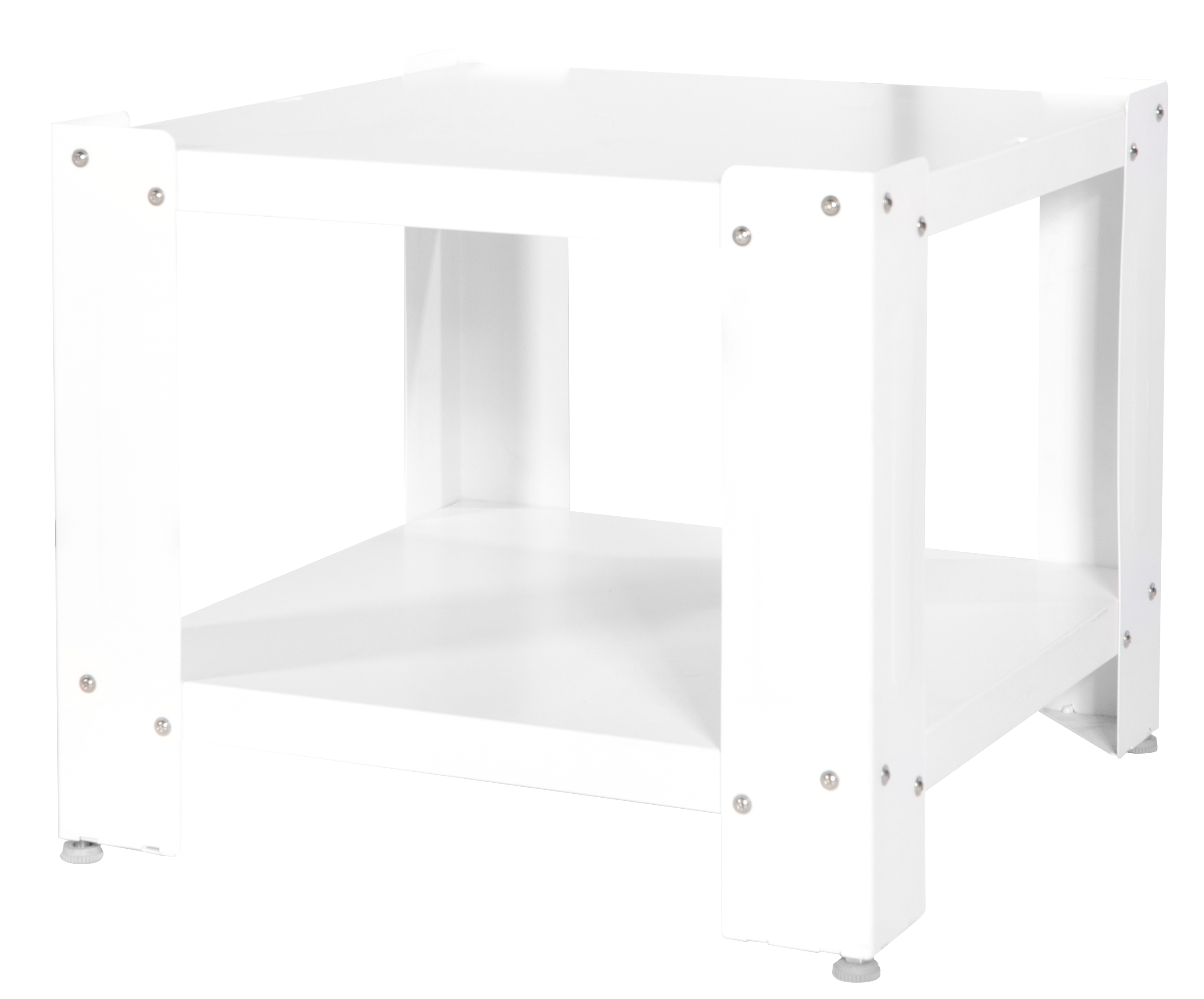 Ein weißer, zweistöckiger quadratischer Tisch mit Metallverschlüssen. Er hat zwei Regale, und jedes Bein hat einen grauen Fuß.