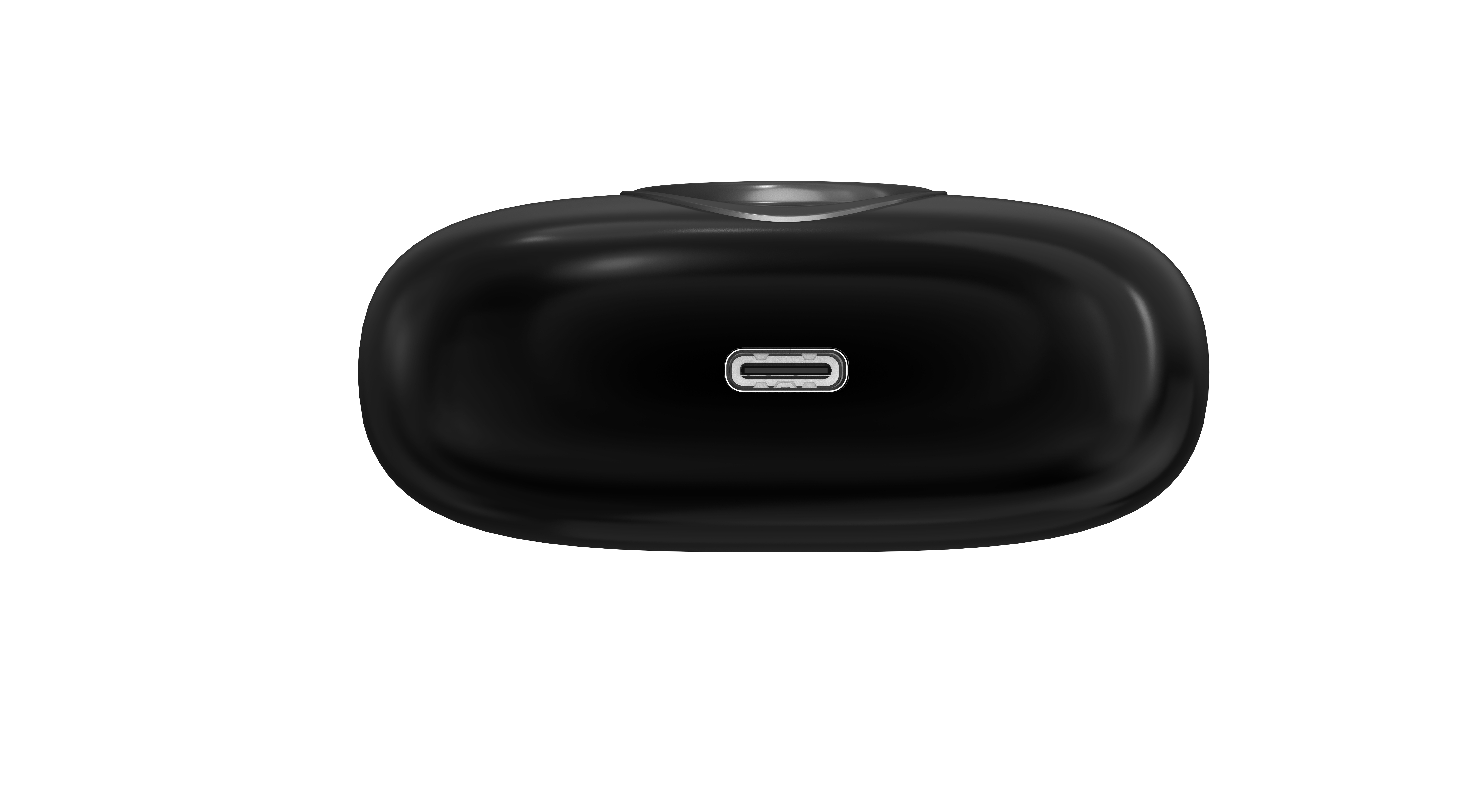 Ein schwarzes, oval geformtes Gerät mit einem USB-C-Anschluss ist auf weißem Hintergrund zentriert.