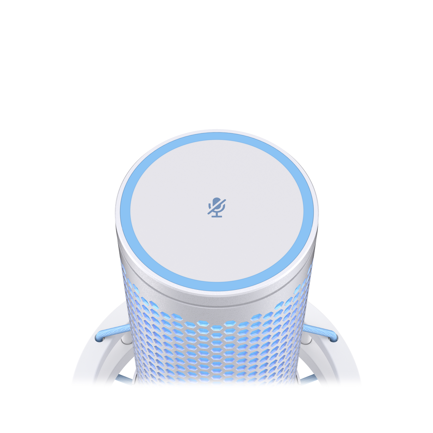 Bovenaanzicht van een microfoon met een blauw verlichte ring en een witte behuizing. Witte achtergrond.
