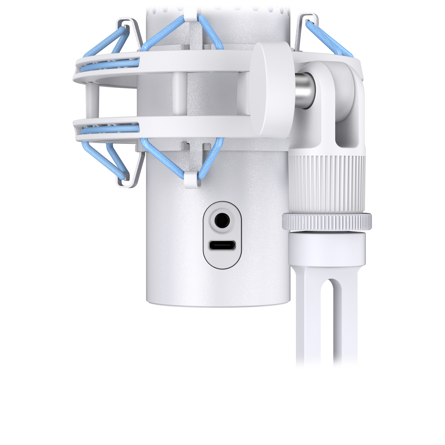 Witte microfoon met blauwe kabelaccenten en een shockmount. Geïsoleerd op een witte achtergrond.