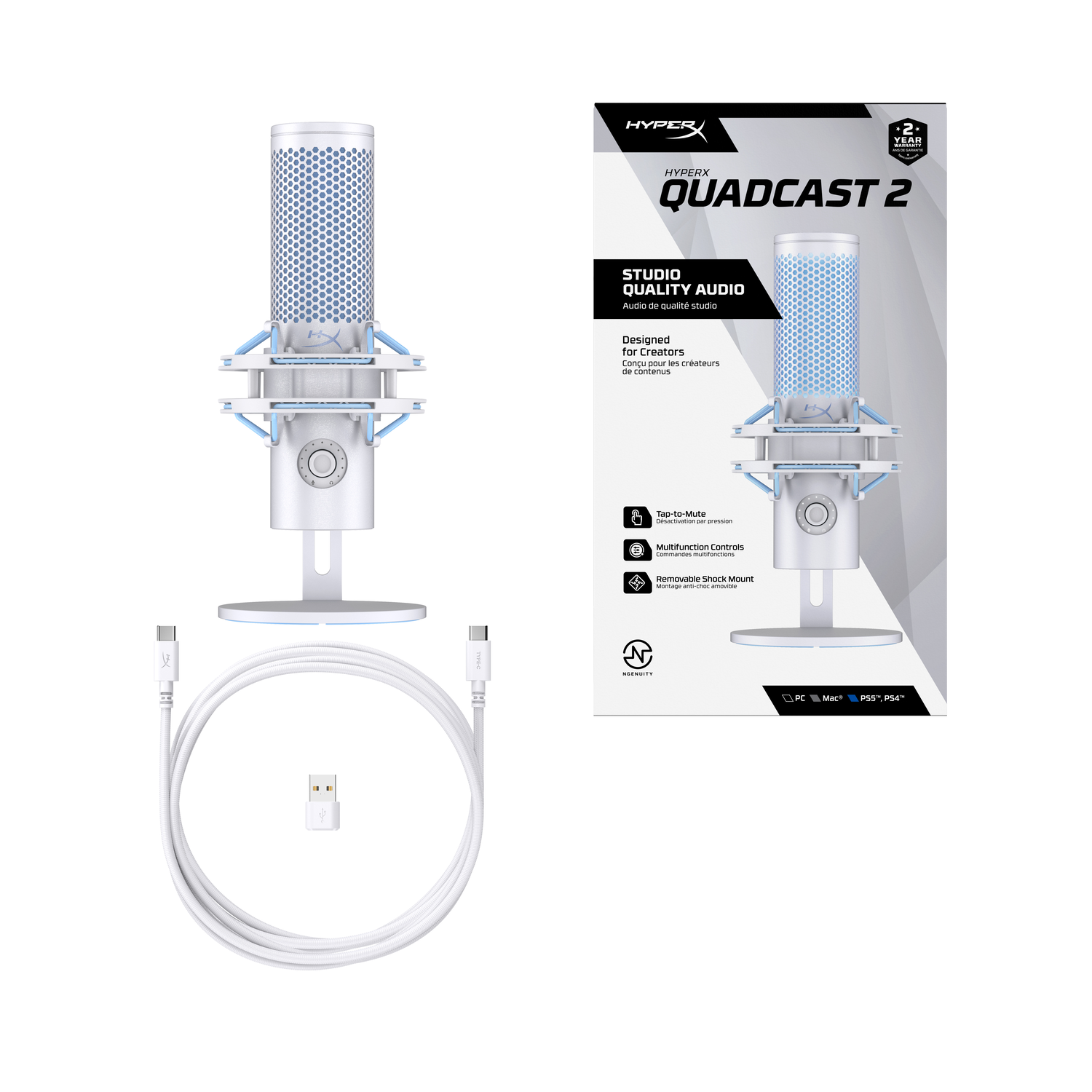 HyperX Quadcast S microfoon met een witte kabel en doos.