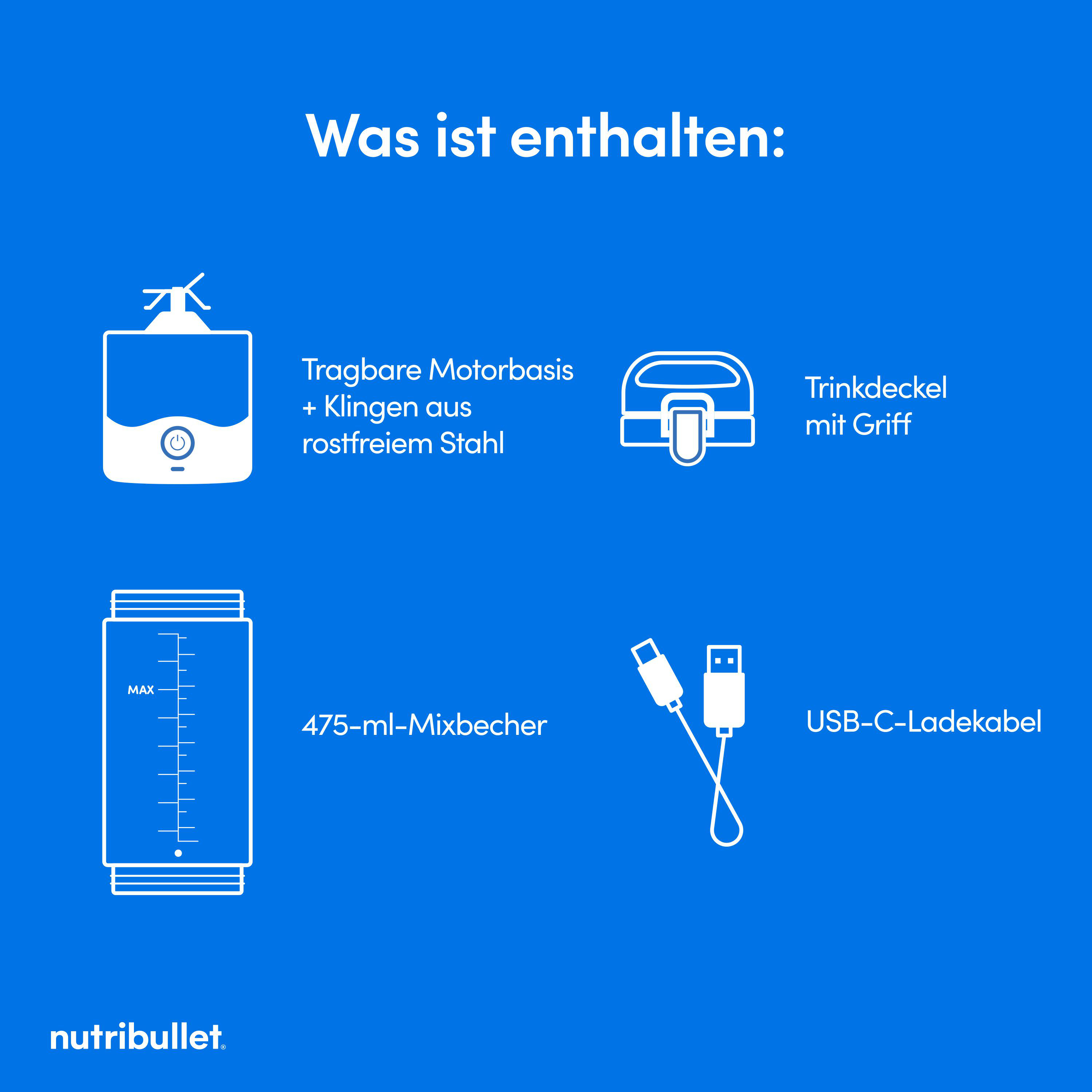 Diagramm mit Artikeln: eine Wasserflasche, eine tragbare Motorbasis, ein Deckel, ein Messbecher und ein USB-Kabel.