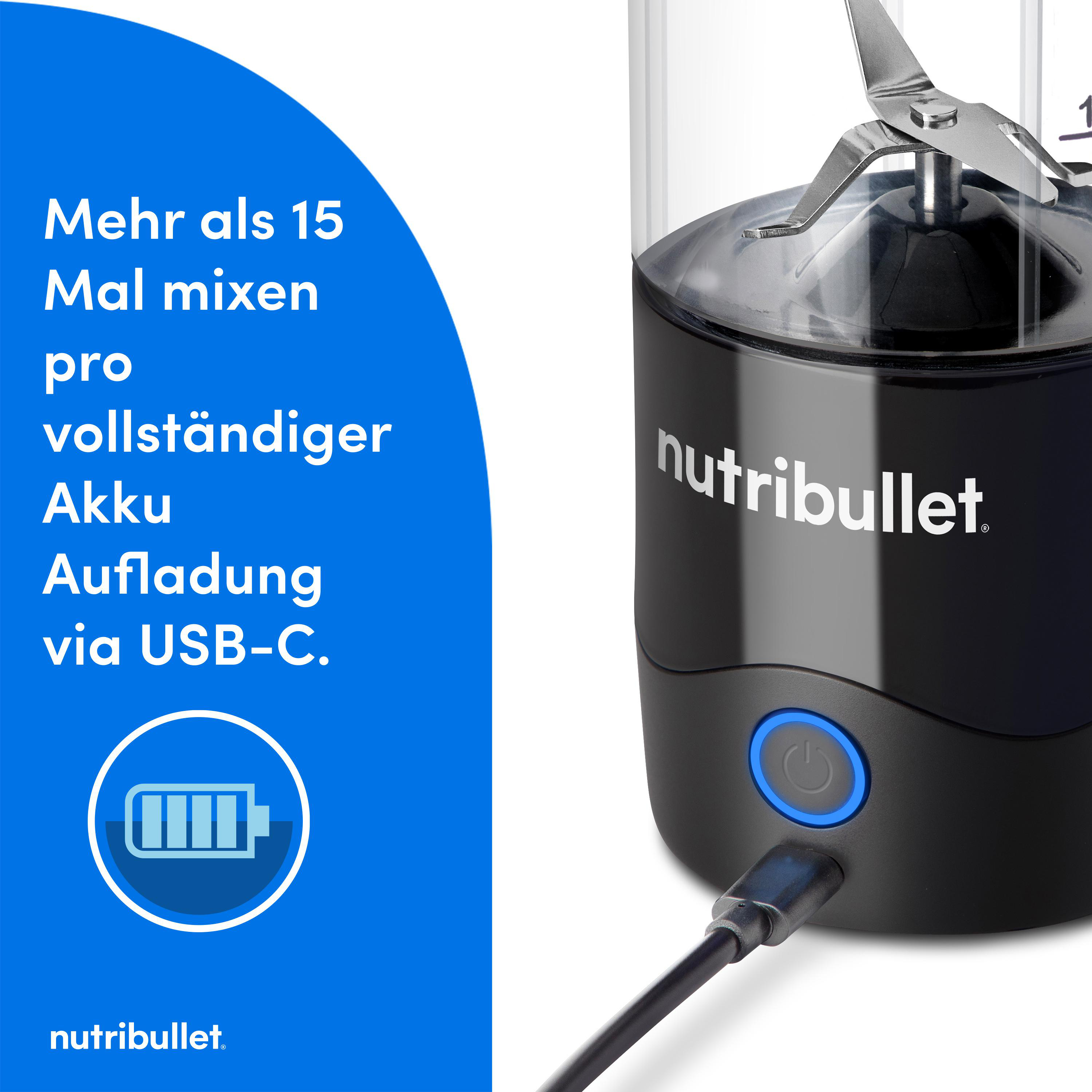 Schwarzer persönlicher Mixer mit blauem Power-Knopf und Ladekabel.
