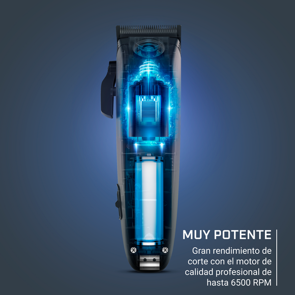 Afeitadora eléctrica transparente con componentes internos azules brillantes.