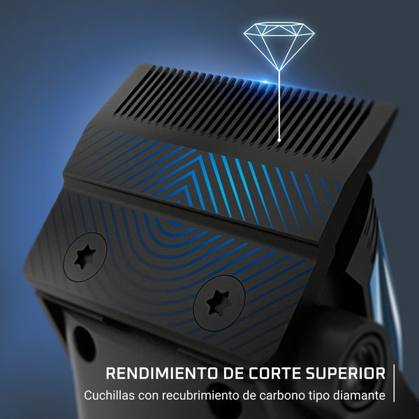 Primer plano de un cabezal de recortadora eléctrica negro y azul, con gráfico de diamante.