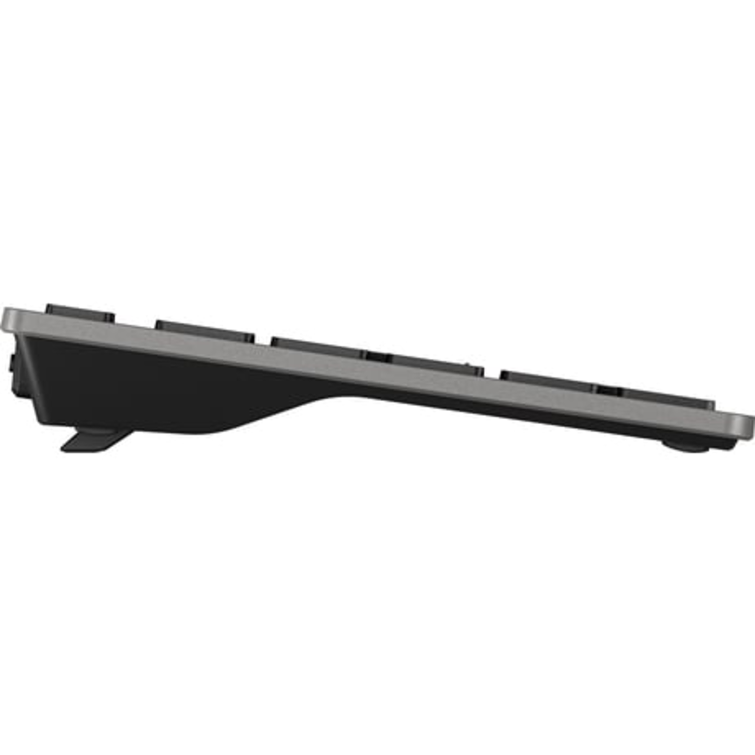 Zijaanzicht van een zwart-grijs toetsenbord. Het toetsenbord heeft een strak design met een licht schuine basis en verschillende zichtbare toetsen.