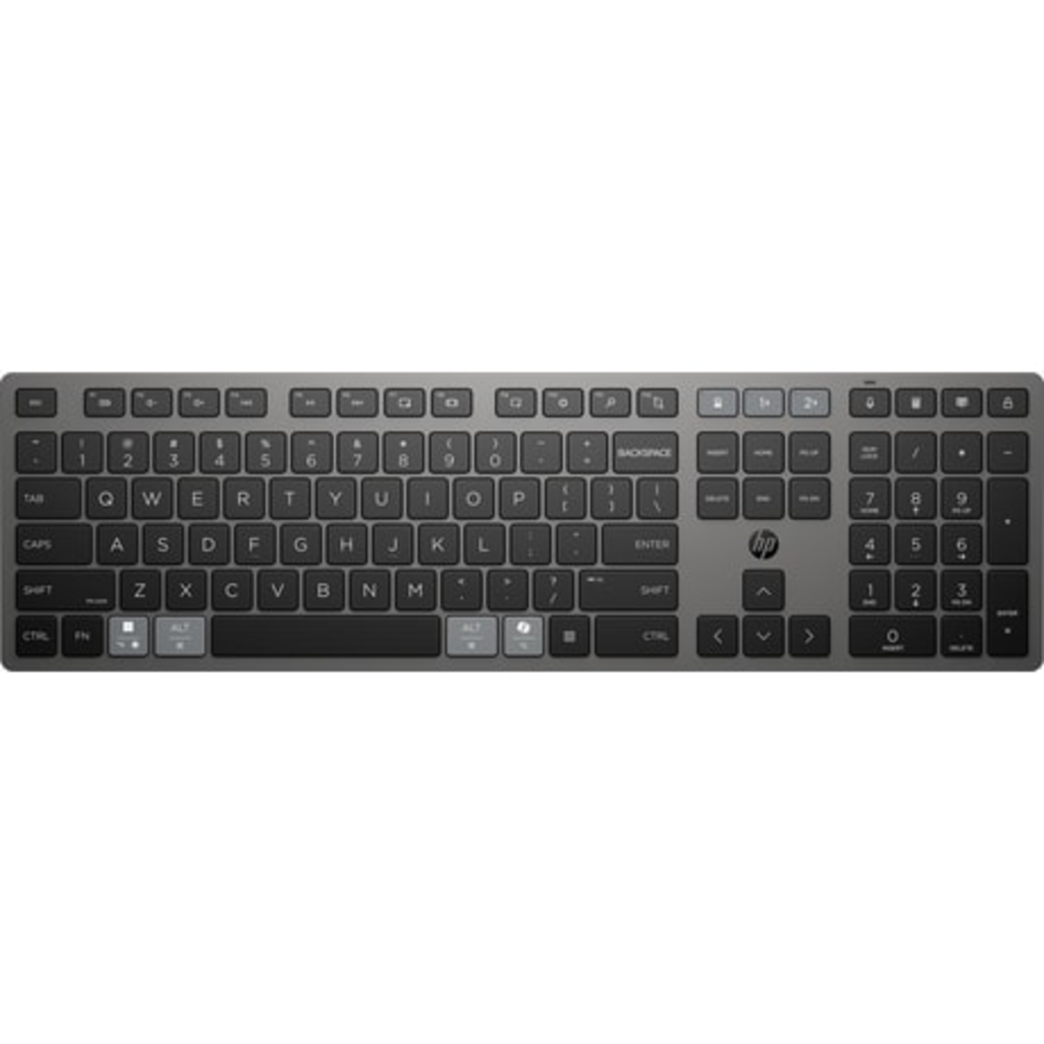 Een grijze draadloze HP-toetsenbord met zwarte toetsen. Het toetsenbord heeft een standaard QWERTY-indeling, numeriek toetsenbord.