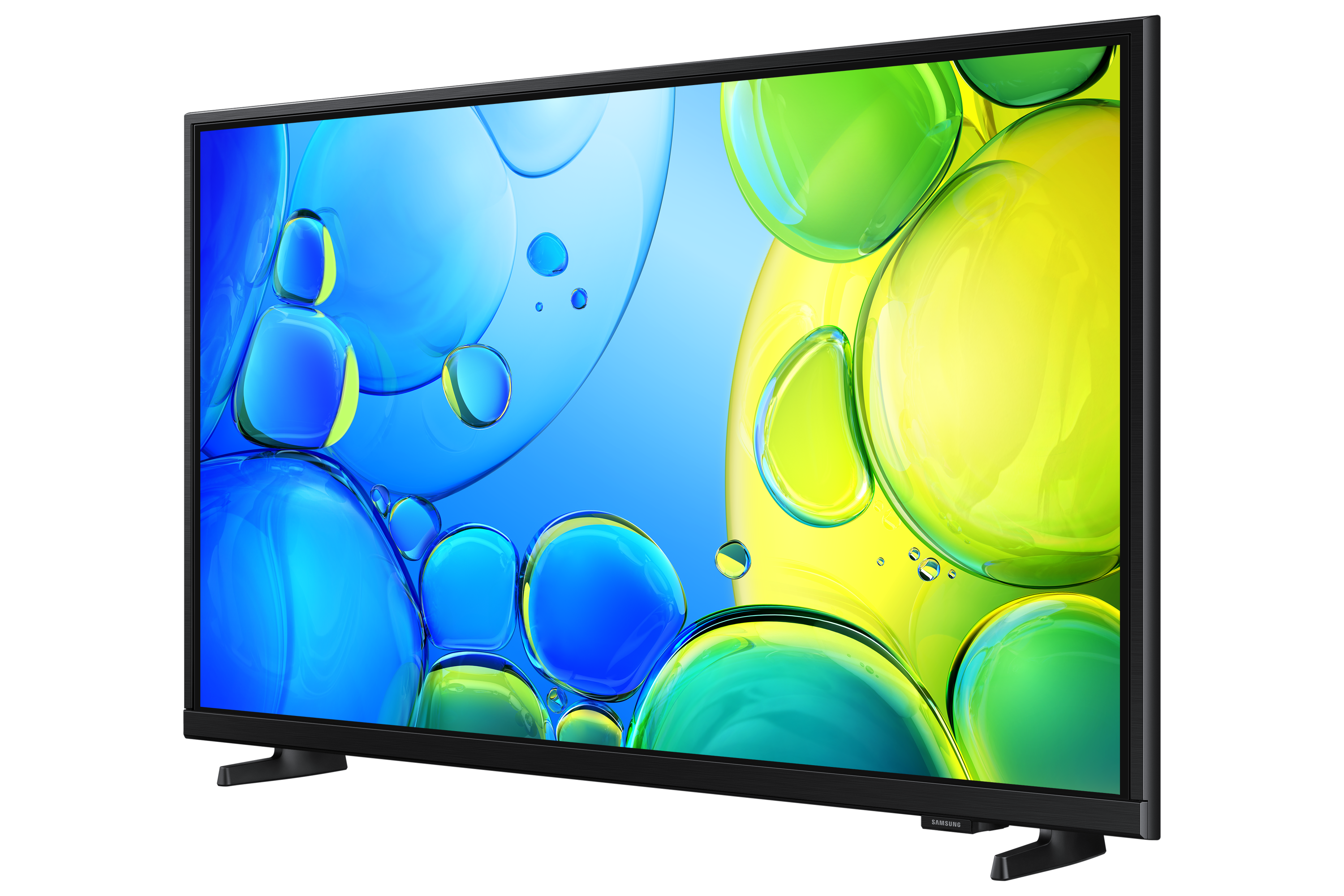 TV-Bildschirm mit abstrakter Kunst mit gelben und grünen Blasen auf blauem Hintergrund.