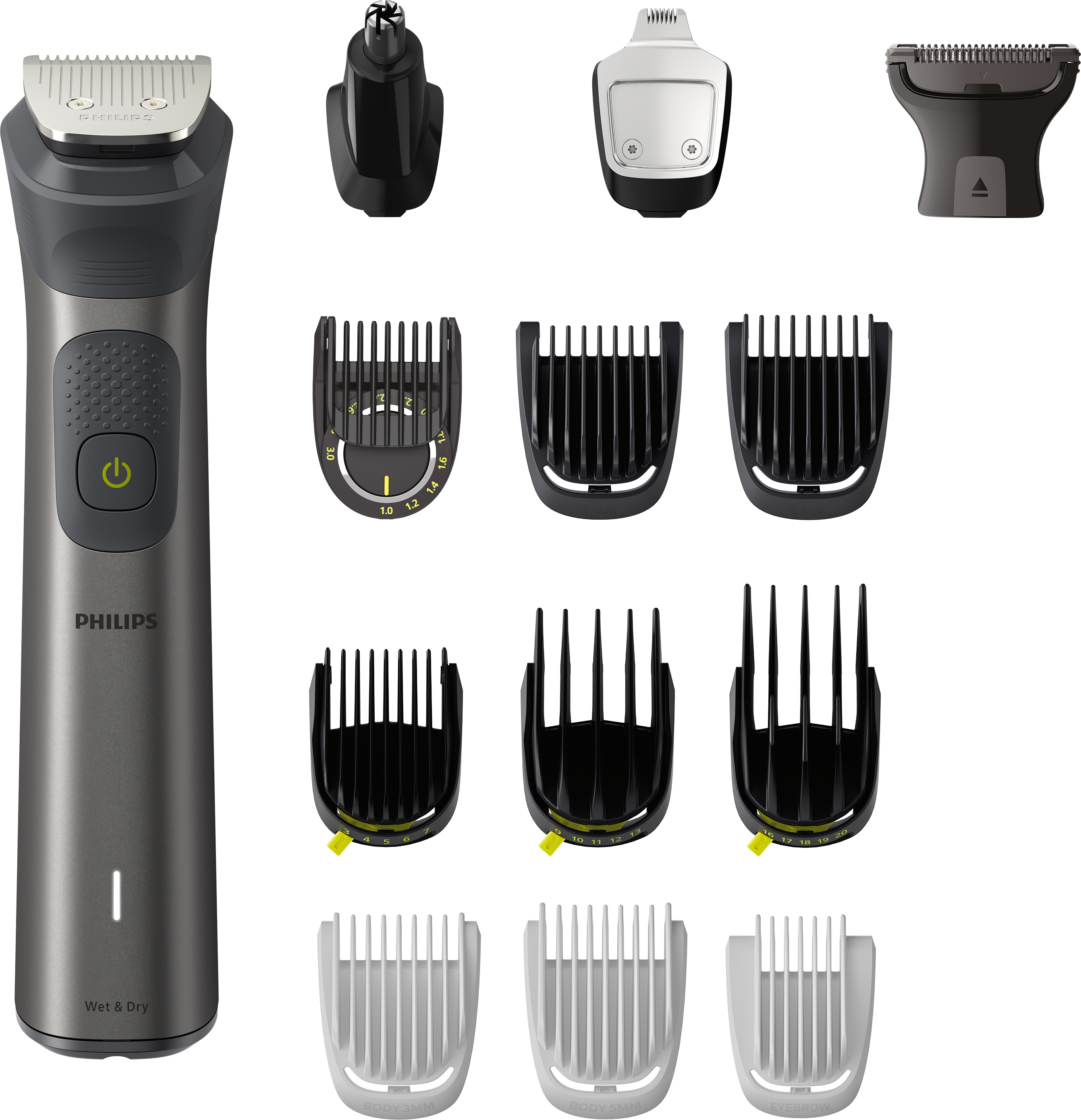 Philips Wet & Dry multi-groomer tartozékokkal, beleértve a fésűket és a trimmer fejeket.