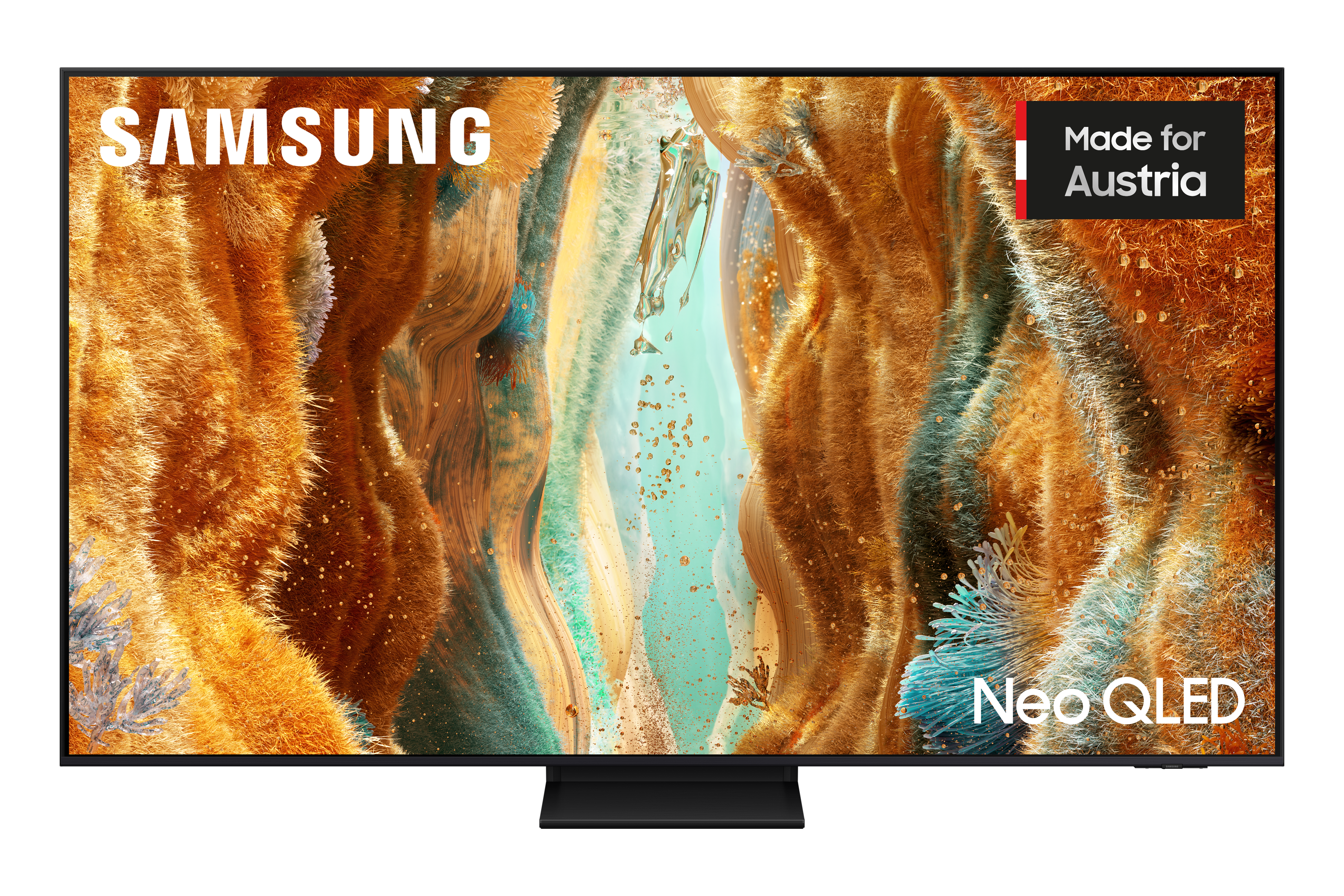 Samsung Neo QLED TV. Es hat einen bunten abstrakten Hintergrund und ist mit "Made for Austria" gekennzeichnet.
