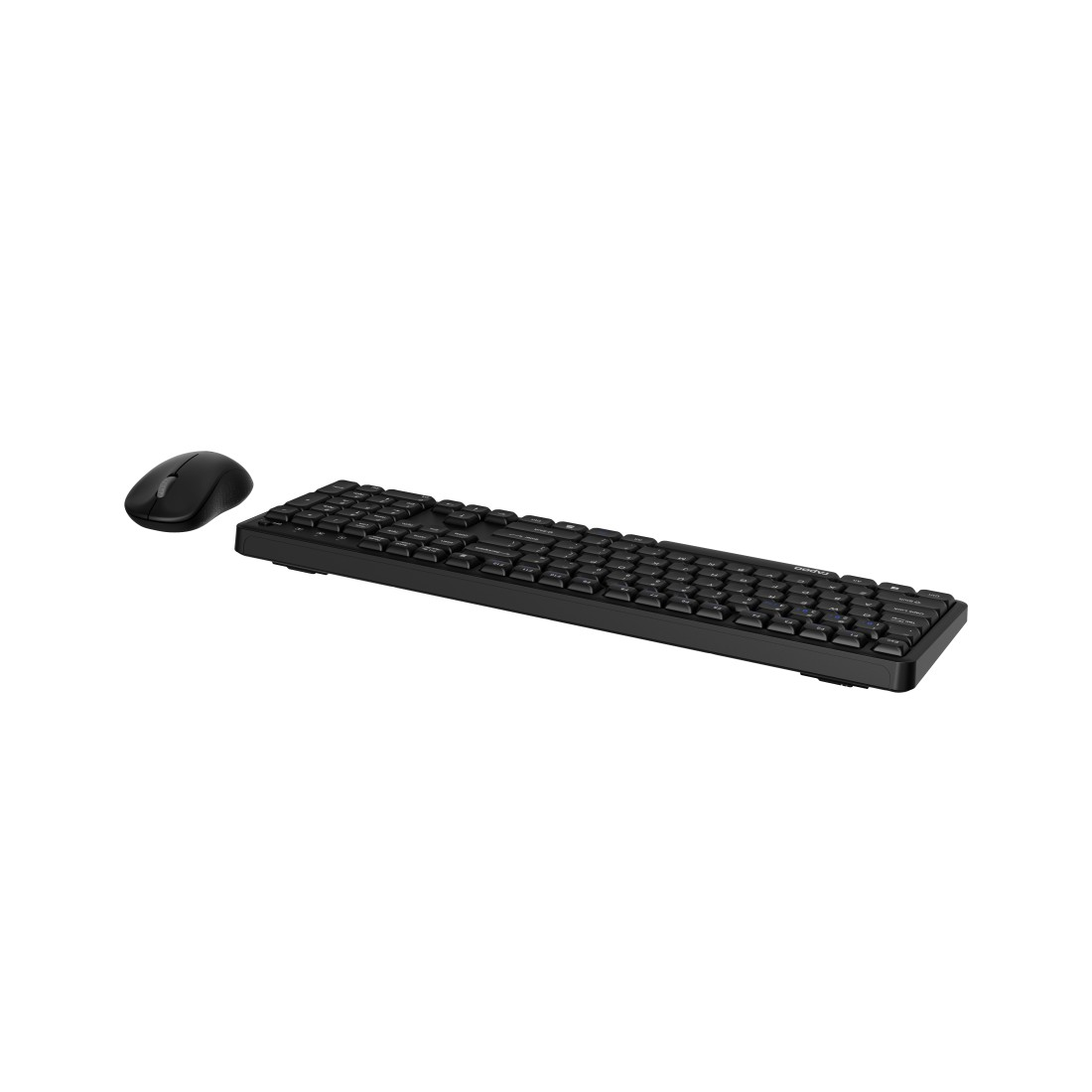Schwarzes Tastatur- und Maus-Set auf Weiß. Tastatur rechteckig, Maus oval.